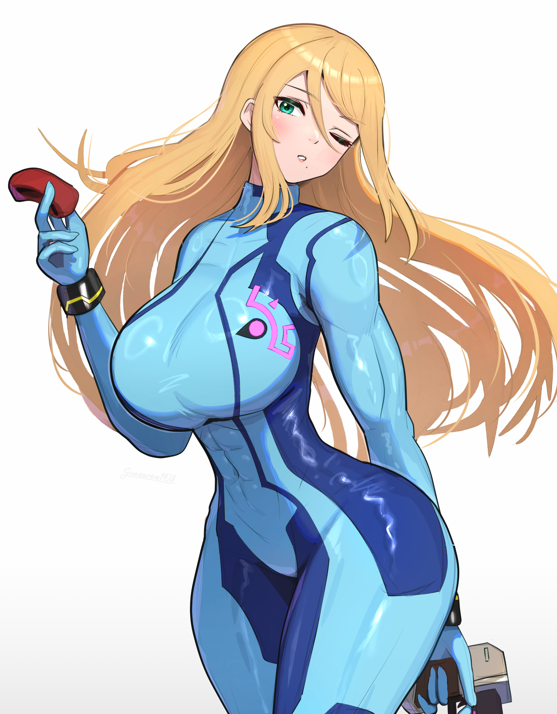 1girls, absurdres, blonde hair, blush, bodysuit, breasts, female, female only, fully clothed, gonzarez, green eyes, hair down, highres, large breasts, long hair, metroid, mole, mole under mouth, nintendo, one eye closed, samus aran, shiny clothes, simple background, solo, super smash bros., tight clothing, white background, zero suit