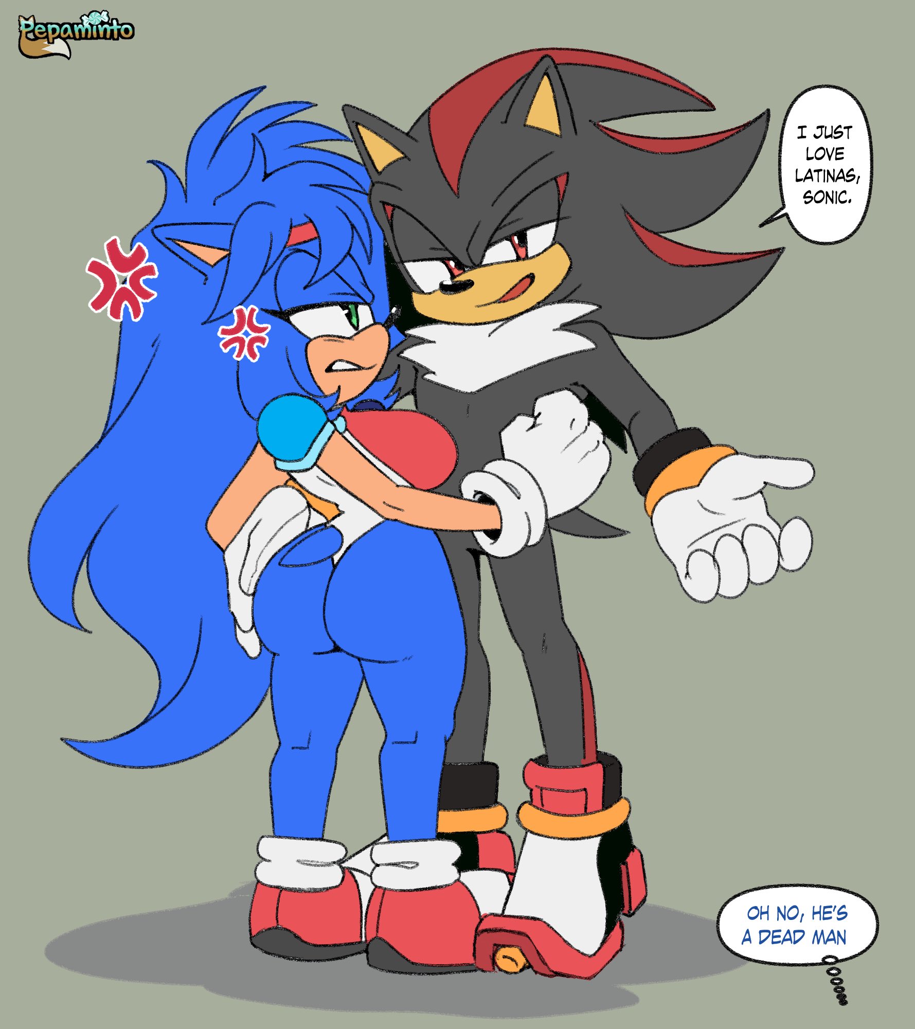 1boy, 1girls, angry, angry face, armor, ass, ass focus, ass grab, black body, blue body, buttocks, fan character, female, hedgehog, hedgehog girl, i just love latinas sonic, leotard, long hair, male, male jerk, meme, pepamintop, popful mail, sega, selena the popful hedgehog, shadow the hedgehog, sister sonic, smile, smiling, smirk, smirking, sonic (series), sonic the hedgehog (series), thick, thick ass