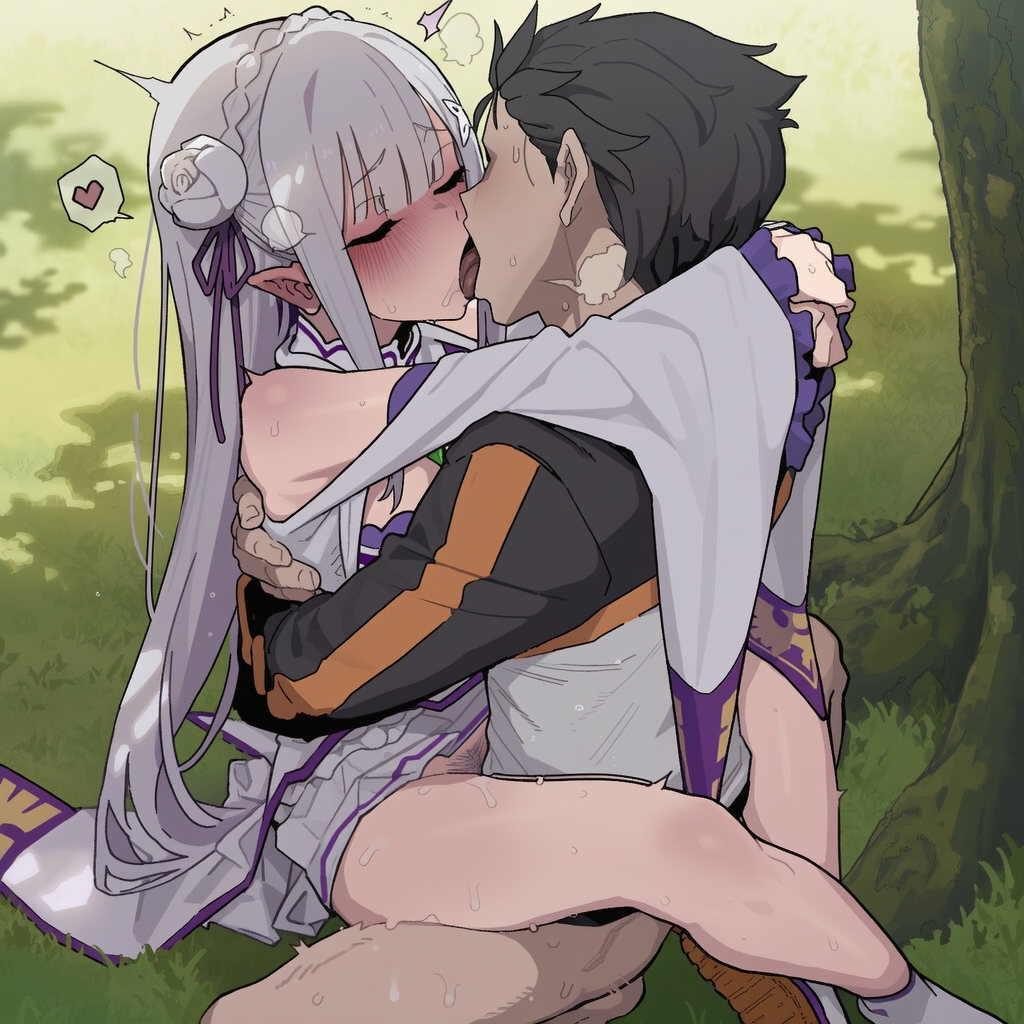 ai generated, blush, closed eyes, couple love, couple sex, emilia (re:zero), female, kissing, natsuki subaru, open mouth, re:zero kara hajimeru isekai seikatsu, saliva, sex, sweat, tongue out