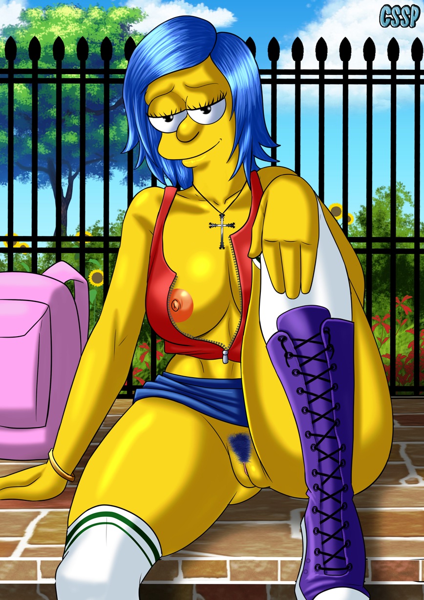 1girls, arms up, artist name, bare shoulders, big breasts, black eyes, blue hair, blue skirt, bottomless, bracelet, breasts, busty, cleavage, cssp, curvy, detailed background, erect nipple, erect nipples, eyelashes, female, female only, fence, footwear, front view, half-closed eyes, hourglass figure, human, innie pussy, legwear, looking at viewer, marge simpson, miniskirt, necklace, nipples, no panties, open vest, outdoors, outside, pose, posing, pussy, shadow, shiny, shiny skin, short hair, sitting, skirt, solo, stockings, text, the simpsons, tree, unzipping, vest, voluptuous, wall, white footwear, white legwear, white stockings, wide hips, yellow skin