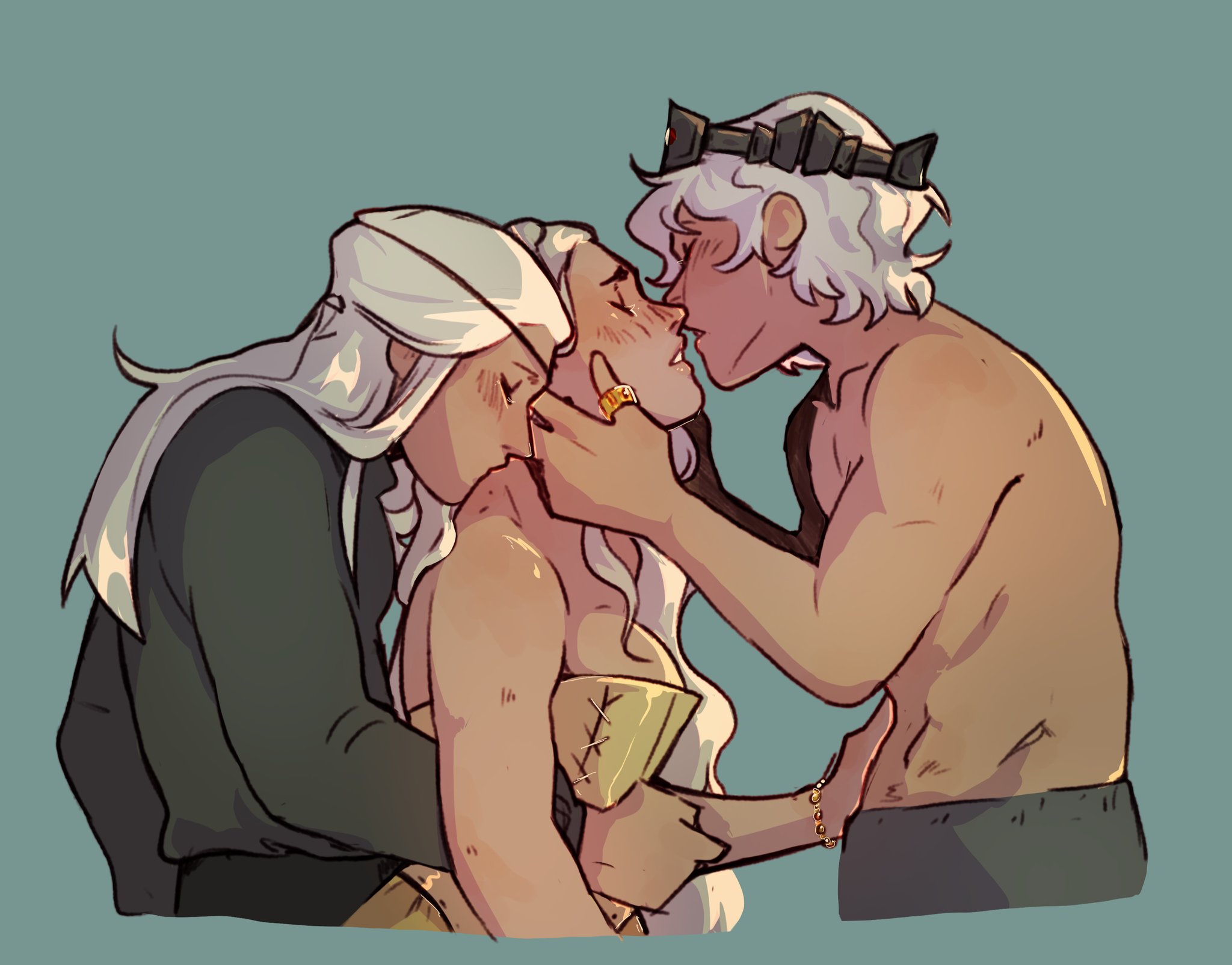 1girls, 2020s, 2022, 2boys, a song of ice and fire, aegon ii targaryen, aemond targaryen, bracelet, brother and sister, brothers, brothers and sister, canon couple, closed eyes, crown, female, fire and blood, game of thrones, helaena targaryen, house of the dragon, house targaryen, incest, kissing, long hair, long-haired female, long-haired male, male, married couple, poliphemos, ring, short hair, short-haired male, siblings, silver hair, simple background, sister and brothers, sister wife, topless, undressing, undressing another, upper body, valyrian, white hair