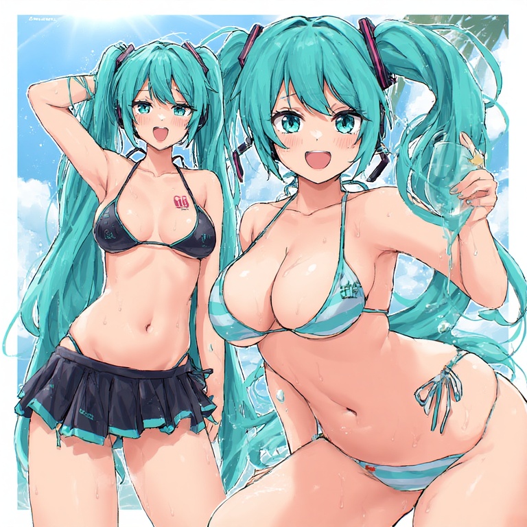 :d, 1girl, 1girls, aqua eyes, aqua hair, armpits, bikini, black bikini, blush, breasts, cleavage, cloud, cowboy shot, cup, day, female, halterneck, hatsune miku, headset, holding, long hair, looking at viewer, medium breasts, multiple views, navel, open mouth, outdoors, side-tie bikini bottom, skirt, sky, smile, string bikini, striped, striped bikini, swimsuit, tagme, tattoo, twintails, very long hair