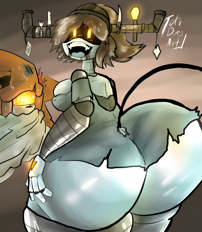 1boy, 1girls, alice (murder drones), ass, ass focus, crossover, female, glitch productions, huge ass, male, mecha sonic, mecha sonic mk. ii, murder drones, robot, robot boy, robot girl, scrapnik island, sega, sonic (series), sonic team, sonic the hedgehog (series), sweat, tofudoesart, worker drone