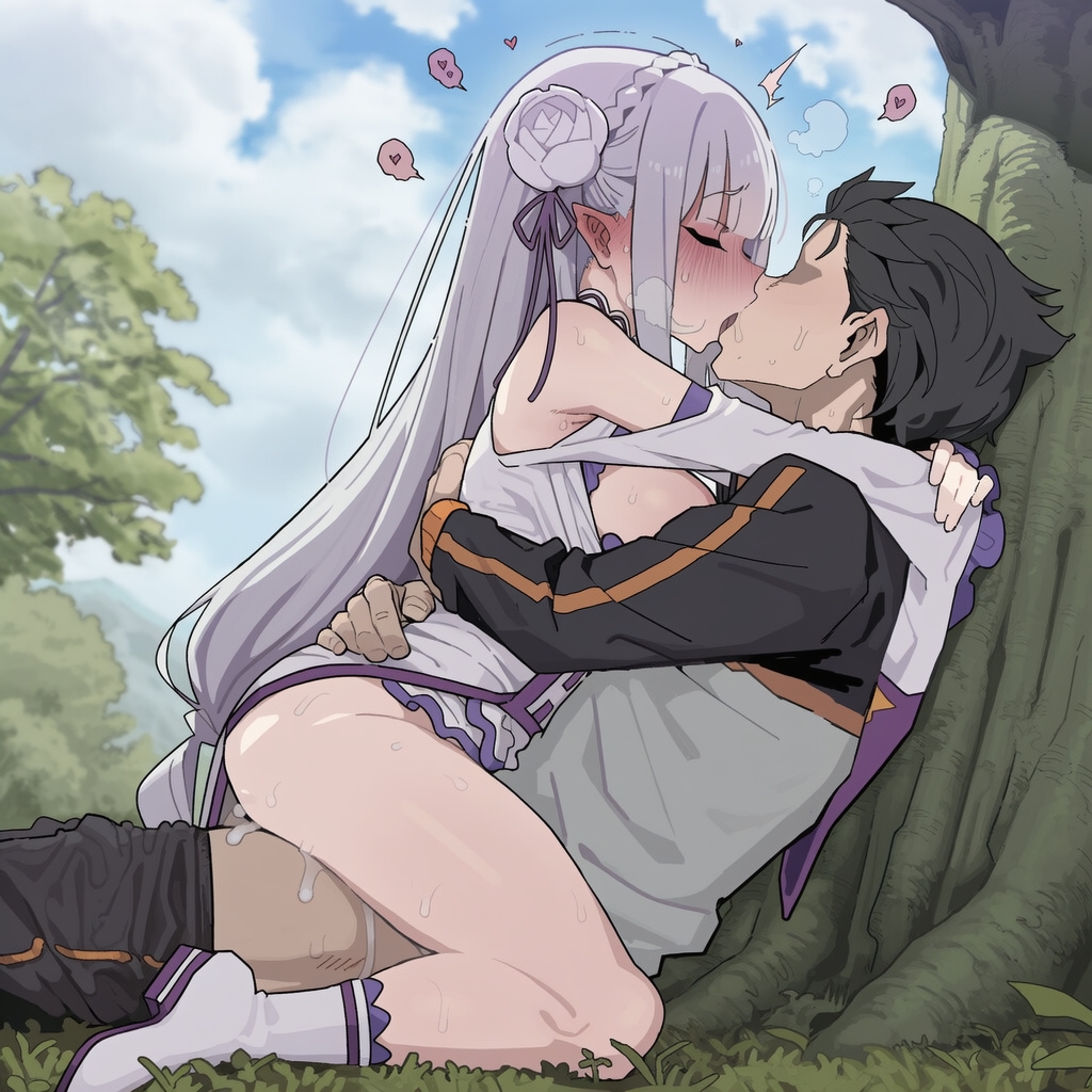 ai generated, blush, breasts, closed eyes, couple love, couple sex, cum, emilia (re:zero), female, kissing, natsuki subaru, re:zero kara hajimeru isekai seikatsu, sex