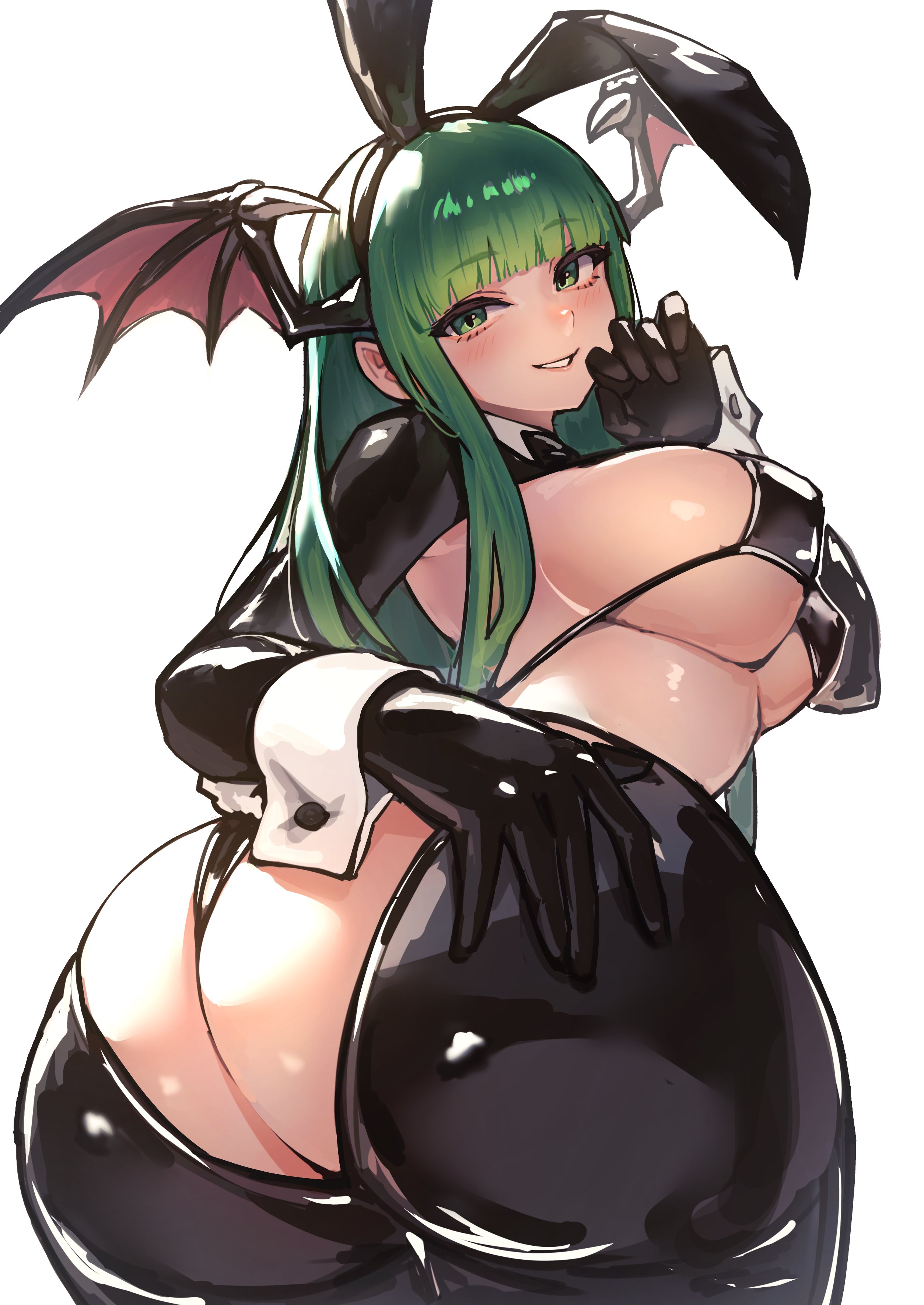 1girls, ap cammy, ass, ass focus, bat ears, big ass, big breasts, breasts, bunny ears, darkstalkers, exposed breasts, female, green eyes, green hair, head wings, long hair, morrigan aensland, sideboob, succubus