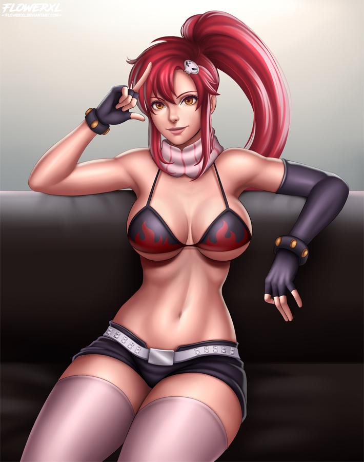 1girls, bra, breasts, cleavage, clothed, clothed female, clothes, clothing, female, female only, flowerxl, fully clothed, gesture, long hair, looking at viewer, orange eyes, pinup, red hair, shorts, sitting, solo, tengen toppa gurren lagann, thighhighs, yoko littner