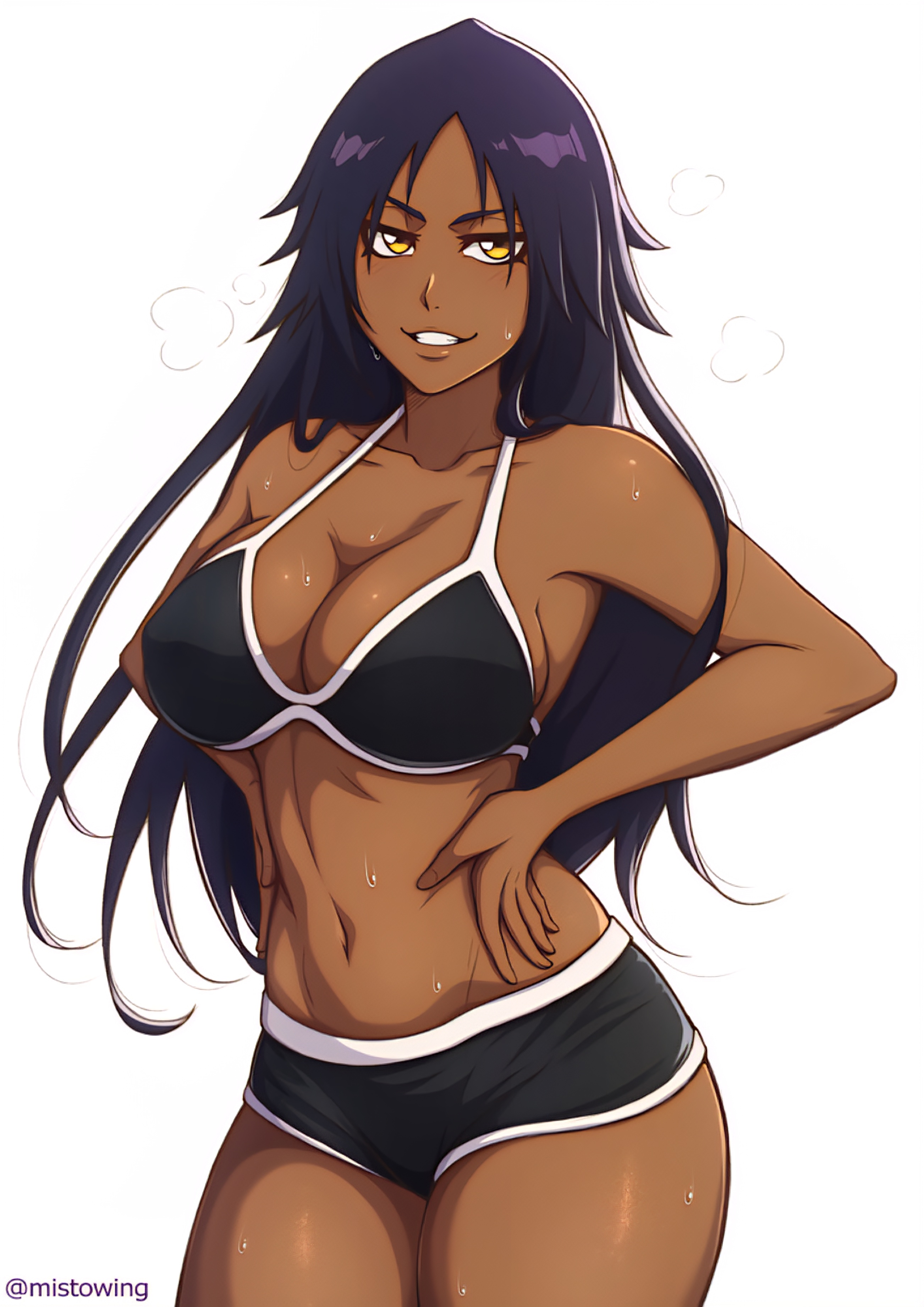 1girls, big breasts, bleach, blush, bra, breasts, dark skin, dark-skinned female, female, female only, looking at viewer, mistowing, purple hair, shihouin yoruichi, smile, solo, sweat, sweating, teeth