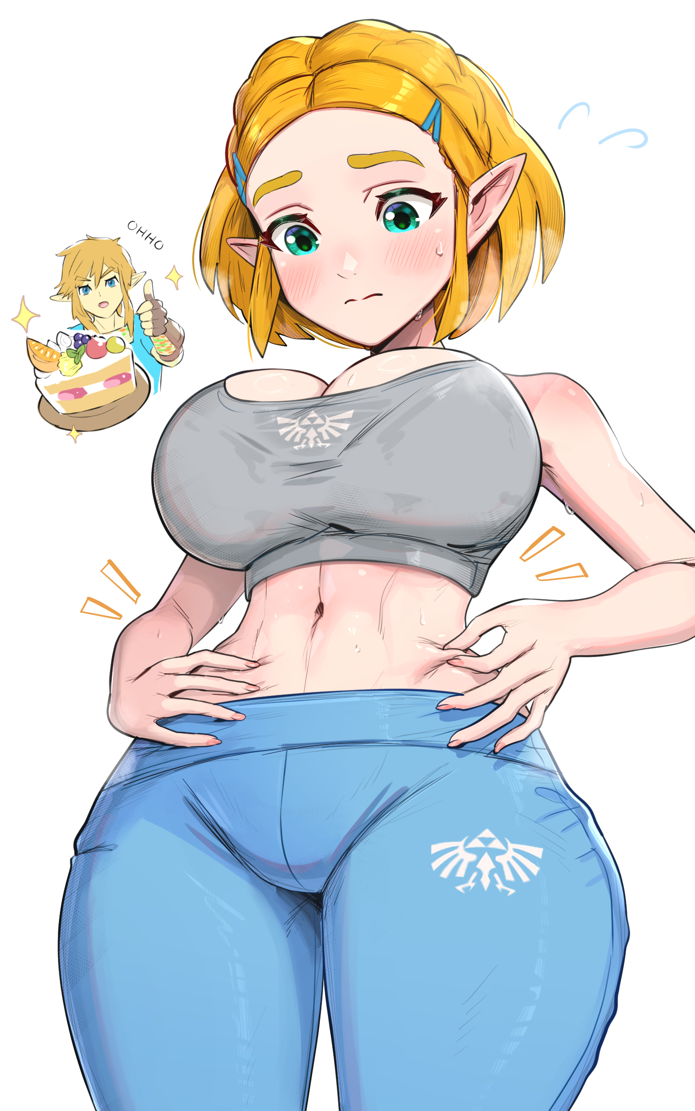 1boy, alternate costume, blonde hair, blue eyes, blue leggings, blue shirt, blush, braid, breasts, cake, cake slice, champion's tunic (zelda), cleavage, closed mouth, crown braid, female, fingerless gloves, food, gloves, gonzarez, green eyes, grey sports bra, hair ornament, hairclip, highres, large breasts, leggings, link, male, midriff, navel, nintendo, pants, pinching belly, plate, pointy ears, princess zelda, shirt, short blonde hair, short hair, sidelocks, simple background, sports bra, sportswear, stomach, sweat, sweatdrop, tears of the kingdom, tears of the kingdomgonzarez, the legend of zelda, white background, workout clothes, yoga pants, zelda (tears of the kingdom)