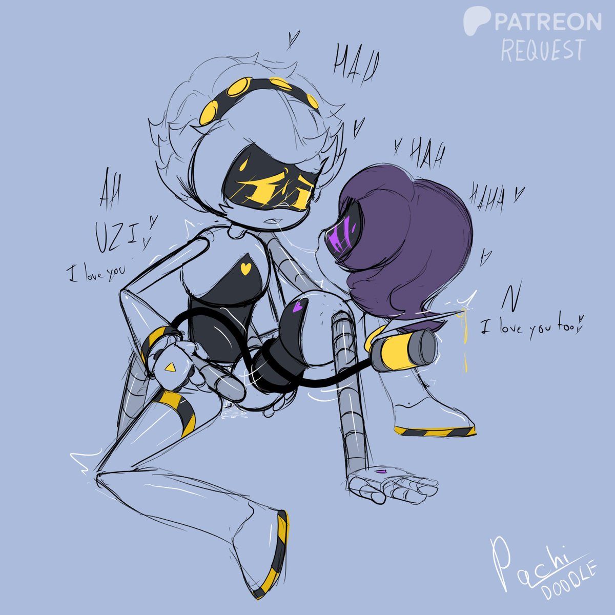 1boy, 1girls, anal sex, blue background, grey hair, male/female, murder drones, n (murder drones), pachinsfw, purple eyes, purple hair, sex, siliva, tail, uzi (murder drones), yellow eyes