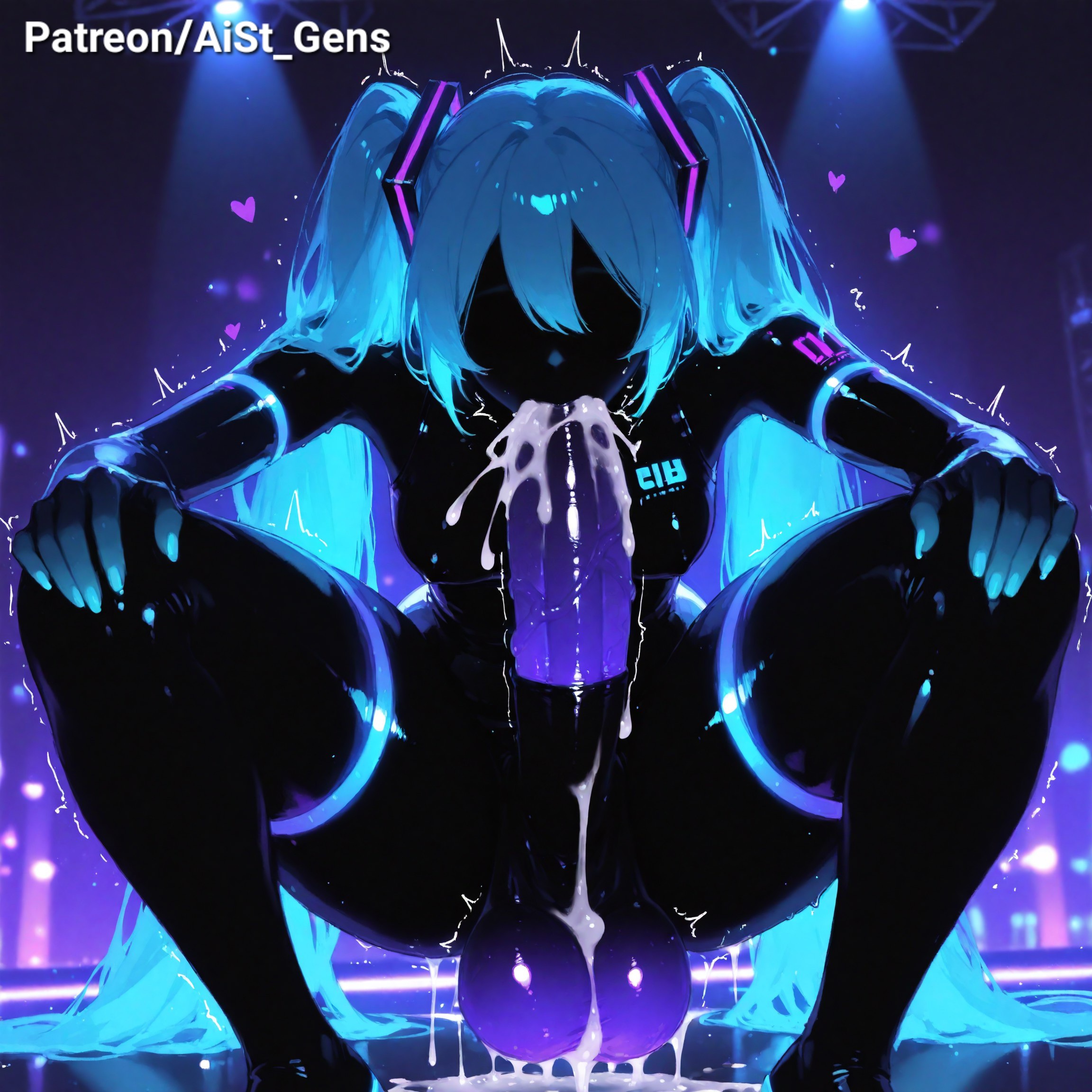 1futa, 1girl, ai generated, aist , aqua hair, autofellatio, balls, big balls, big breasts, big penis, big testicles, big thighs, black body, black bodysuit, black face, blue hair, blue penis, bodysuit, breasts, condom, condom on penis, cum, cum drip, cum in mouth, cumdrip, cumming, dripping, ejaculation, erection, faceless, fellatio, futanari, futanari masturbation, glowing genitalia, glowing penis, hands on own knees, handsfree ejaculation, hatsune miku, heart, high heels, huge breasts, huge cock, huge penis, intersex, large penis, large testicles, long hair, neon trim, open mouth, oral, penis, purple penis, sex toy, solo, solo futa, squatting, testicles, thigh boots, thighhighs, trembling, twintails, uncensored, used condom, very long hair, vocaloid