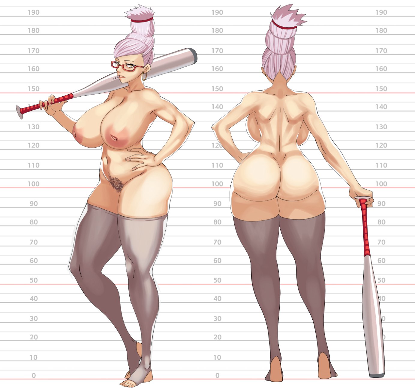 1girls, ass, ayase seiko, back, back view, big breasts, breasts, dandadan, female, glasses, hand on hip, inverted nipples, large breasts, mature female, nekiaya0, nipples, nude, pubic hair, pussy, solo, thick thighs, white hair, wide hips