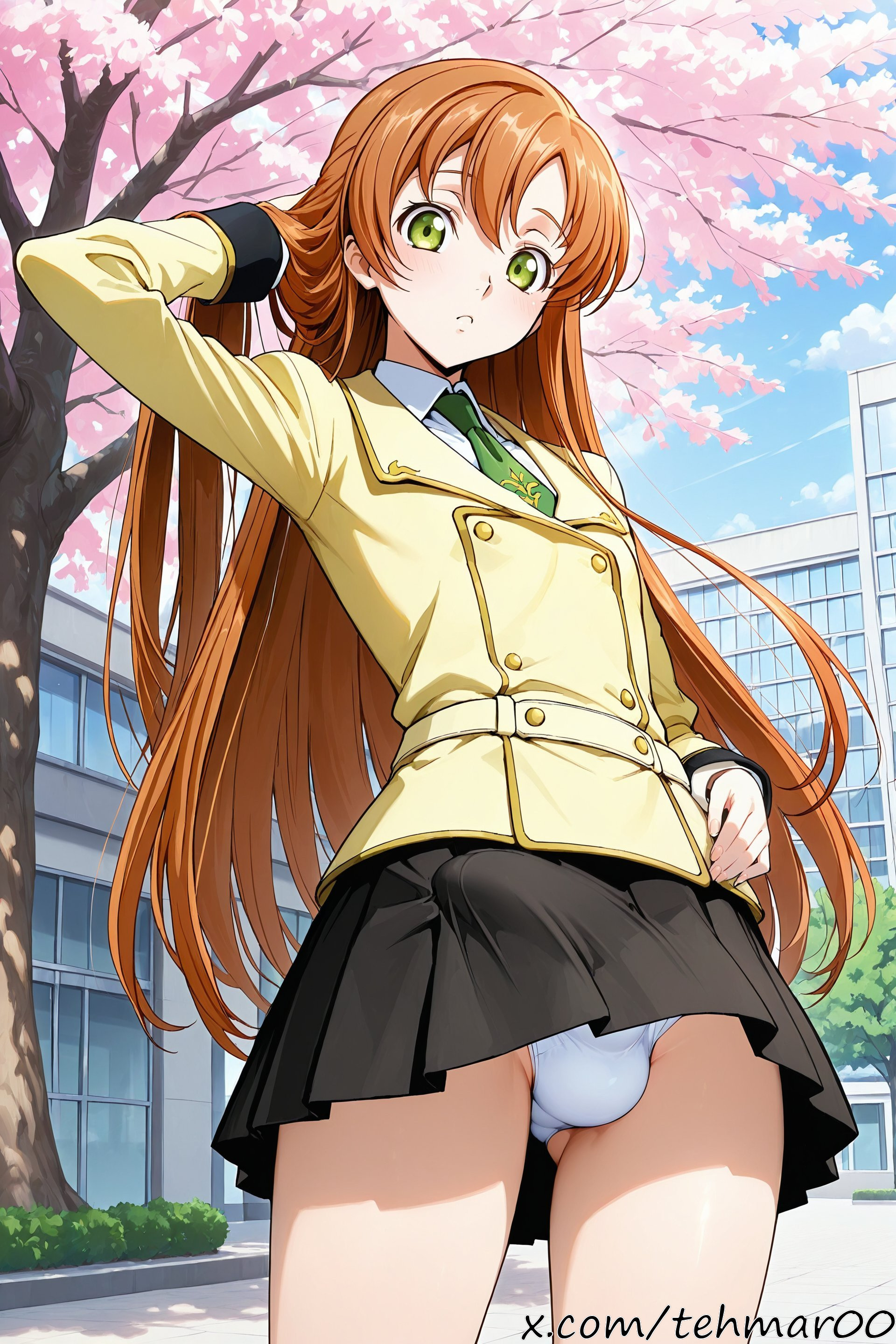 1boy, ai generated, ashford academy uniform, black skirt, bulge, cherry blossoms, code geass, day, femboy, genderswap (ftm), green eyes, jacket, long hair, looking at viewer, male, male only, male/male, necktie, orange hair, outdoors, panties, pantyshot, rule 63, school uniform, shirley fenette, skirt, solo, tagme, tehmar, trans woman, transfem, trap, tree, white panties