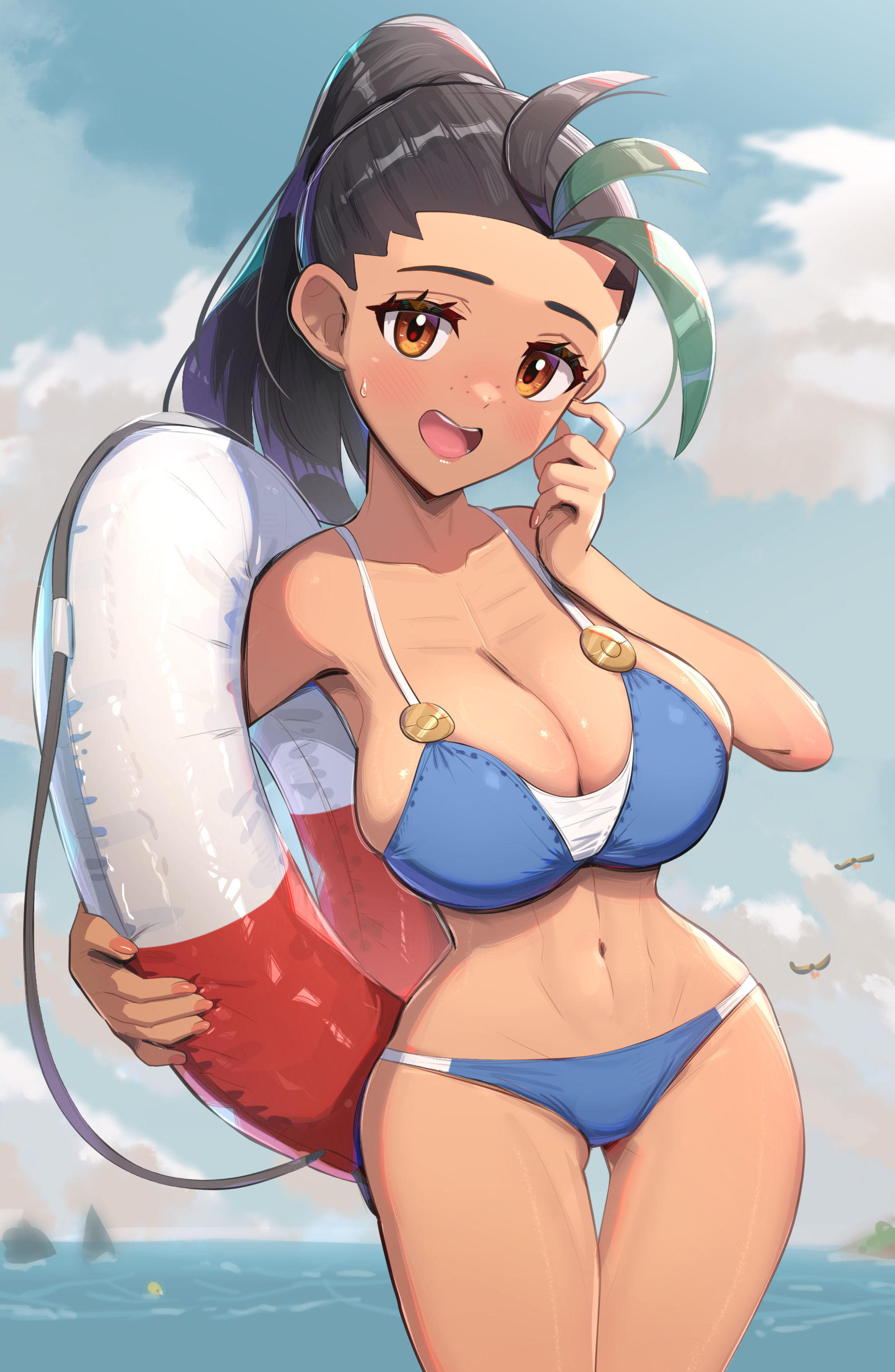 1girls, absurdres, alternate breast size, alternate costume, bikini, black hair, blue bikini, blue sky, breasts, brown eyes, cleavage, cloud, cloudy sky, dark skin, dark-skinned female, female, fit female, freckles, gonzarez, green hair, highres, hourglass figure, human, human female, large breasts, lifebuoy, narrow waist, navel, nemona (pokemon), nintendo, ocean, open mouth, pokemon, pokemon sv, ponytail, sky, slim waist, smile, solo, swim ring, swimsuit, thick thighs, wide hips