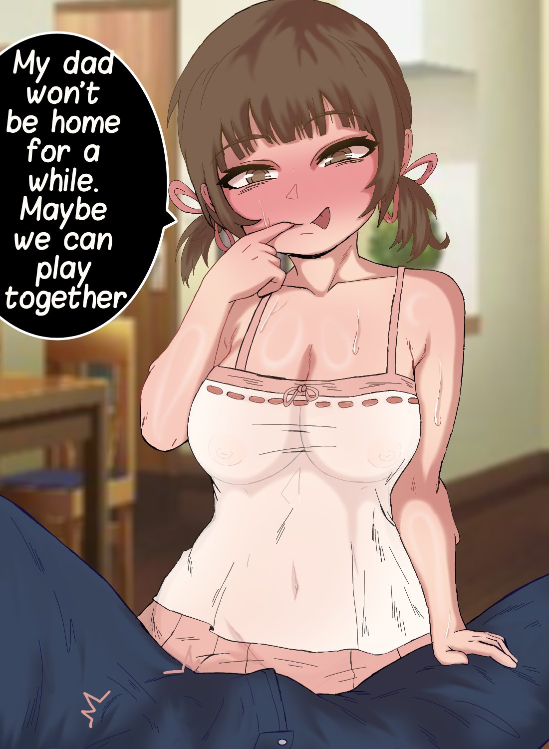 answering door, chasa, chasa1990, english text, nanako dojima, persona, persona 4, see-through clothing, speech bubble, suggestive look, text