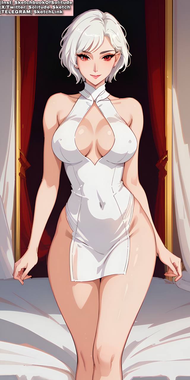 ai_generated anime anime_style big_breasts breasts dress female female_only legs red_eyes soli_sketch solo solo_female thick_thighs thighs white_dress white_hair