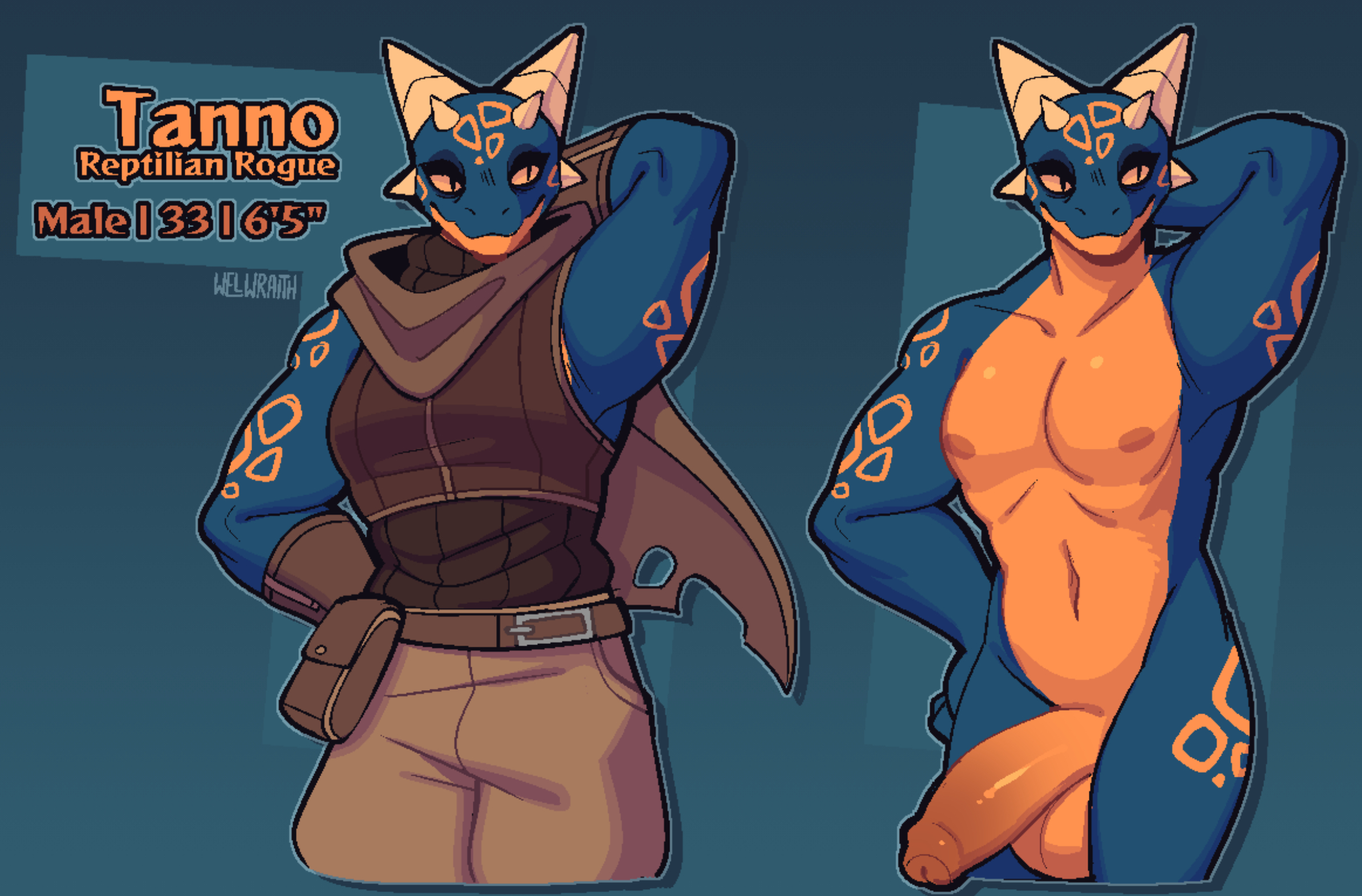 balls, big balls, big penis, character name, character sheet, fit, fit male, horns, huge cock, male, male only, penis, reference sheet, reptilian, scalie, scalie male, simple background, solo, tanno (welwraith), welwraith