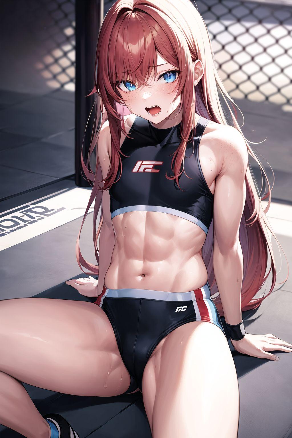 abs ai_generated bangs blue_eyes cowboy_shot fighting_ring flat_chest freckles frustrated ginger_hair long_hair muscular_female original original_character petite sitting sweat tomboy toned ufc