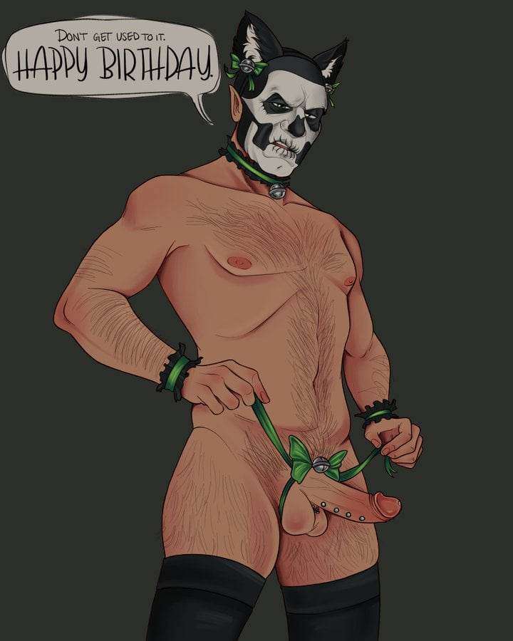 bald bell_collar birthday birthday_gift bow bow_ribbon cat_ears collar facepaint frenum_piercing ghost_bc hairy_male ladder_piercing papa_emeritus_ii simple_background speech_bubble tagme text thighhighs wrapped_in_ribbons