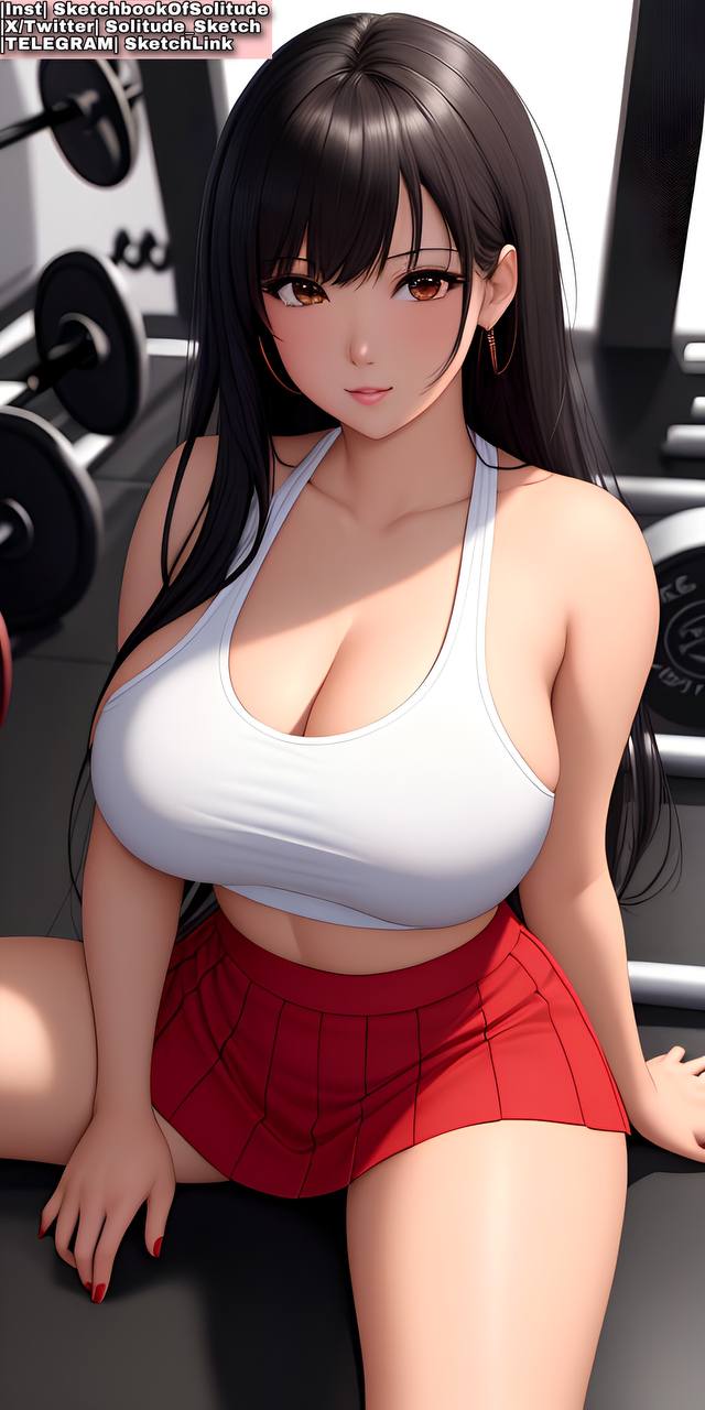 ai_generated anime anime_style big_breasts black_hair bra breasts brown_eyes female female_only gym red_skirt skirt soli_sketch solo solo_female thick_thighs white_bra white_skin