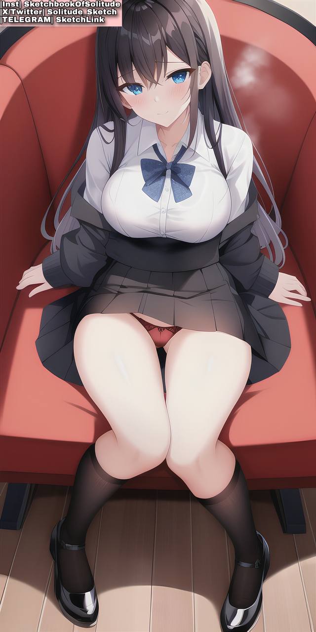 ai_generated anime anime_style big_breasts black_hair black_skirt blue_bow blue_bowtie blue_eyes blue_tie bowtie breasts female female_only legs_spread panties red_panties school school_uniform schoolgirl schoolgirl_uniform shirt sitting sitting_on_chair skirt soli_sketch spread_legs thick_thighs thighs tie white_shirt