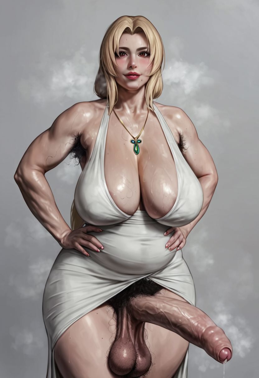 ai_generated armpit_hair briang1748 flaccid_penis foreskin futanari hanging_balls hanging_penis happy_trail holding_penis imminent_oral large_breasts looking_at_viewer musk naruto pubic_hair sagging_balls saggy_balls simple_background steam taker_pov thick_hips thick_thighs tsunade uncircumcised uncut