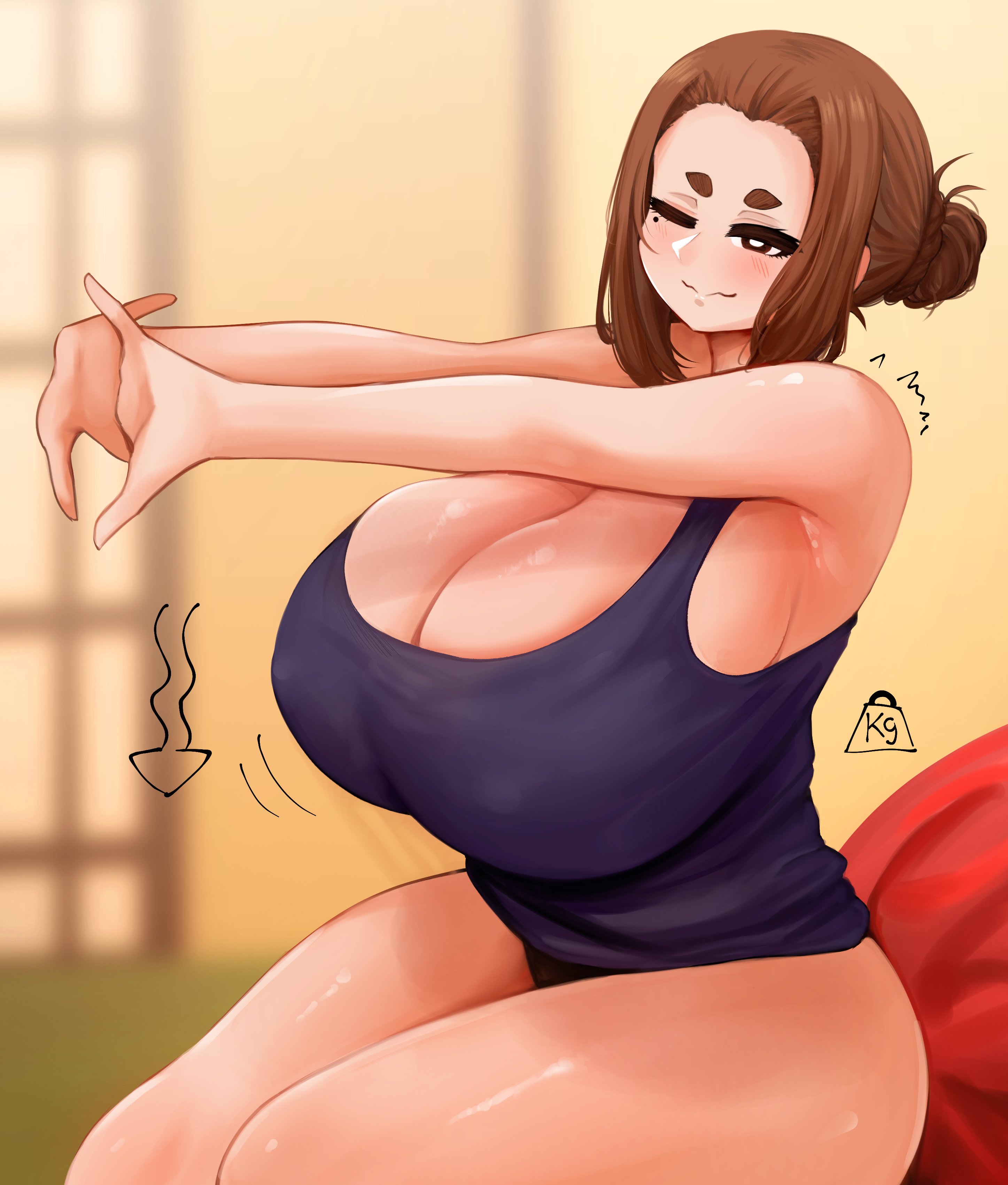 1girls, big breasts, breasts, brown hair, busty, cleavage, curvaceous, curvy, curvy body, curvy female, curvy figure, female, huge breasts, kaii to otome to kamikakushi, large breasts, mole, mole under eye, ogawa sumireko, one eye closed, short eyebrows, small eyebrows, the only shoe, thick thighs, thighs, voluptuous