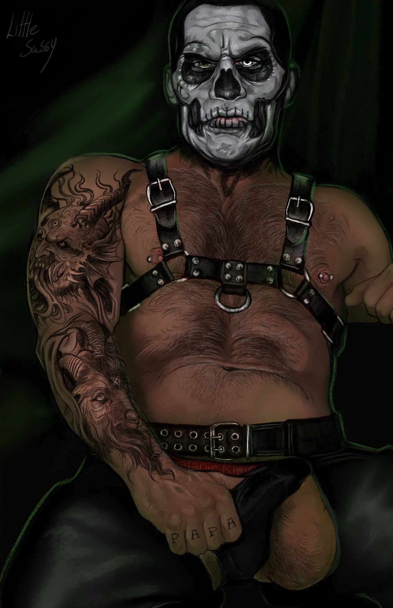 facepaint ghost_bc harness leather_daddy nipple_piercing papa_emeritus_ii tagme tattoos