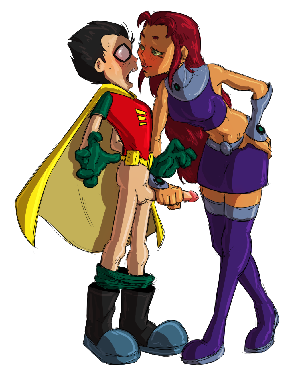 1boy 1girls abs assertive assertive_female bare_arms bare_midriff bent_over big_penis black_hair blush boots canon_couple cape dc dc_comics dick_grayson eye_contact female female_dominating_male female_domination femdom grabbing grabbing_penis green_eyes green_sclera half-closed_eyes half_naked hand_on_hip handjob handjob_gesture height_difference holding_penis interspecies jonathan1234 larger_female leaning_forward lips long_hair looking_at_partner looking_into_eyes male mask masturbating_partner masturbation midriff naughty_face naughty_smile pants_down penis penis_grab purple_boots red_hair robin_(dc) robin_(dick_grayson) robin_(teen_titans) shocked_expression short_clothing size_difference skirt smaller_male starfire starfire_(teen_titans) straight surprised surprised_expression taller_female taller_girl teen_titans thigh_boots thighhighs