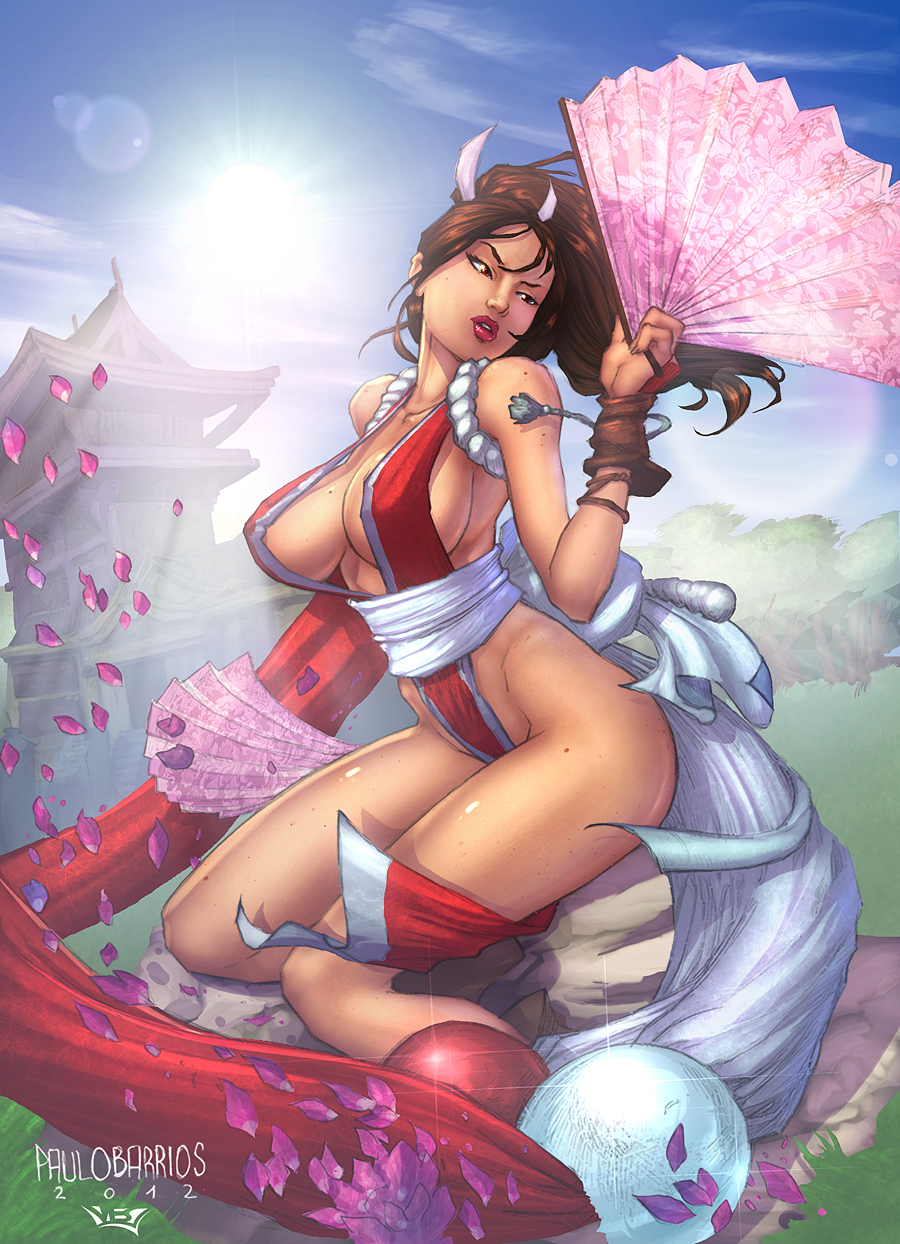 2012 breasts brown_eyes brown_hair cleavage david_delanty dress fatal_fury female female_only fingerless_gloves gloves hair hair_ribbon human king_of_fighters kunoichi large_breasts lipstick loincloth mai_shiranui obi paulo_barrios ponytail snk solo tied_hair