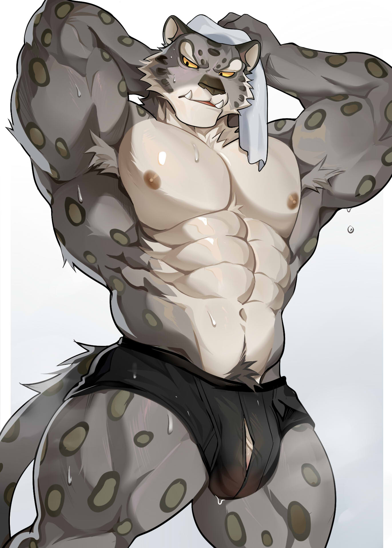 anthro, bodily fluids, boxers (clothing), bulge, chung0 0, clothing, dreamworks, felid, genitals, hi res, leopard, male, mammal, muscular, muscular anthro, muscular arms, muscular chest, muscular legs, muscular male, muscular thighs, no sex, pantherine, penis, snow leopard, snow leopard boy, snow leopard ears, snow leopard humanoid, snow leopard spots, snow leopard tail, solo, standing, sweat, tai lung (kung fu panda), topless, topless anthro, topless male, towel, twitter, underwear, vein, wet