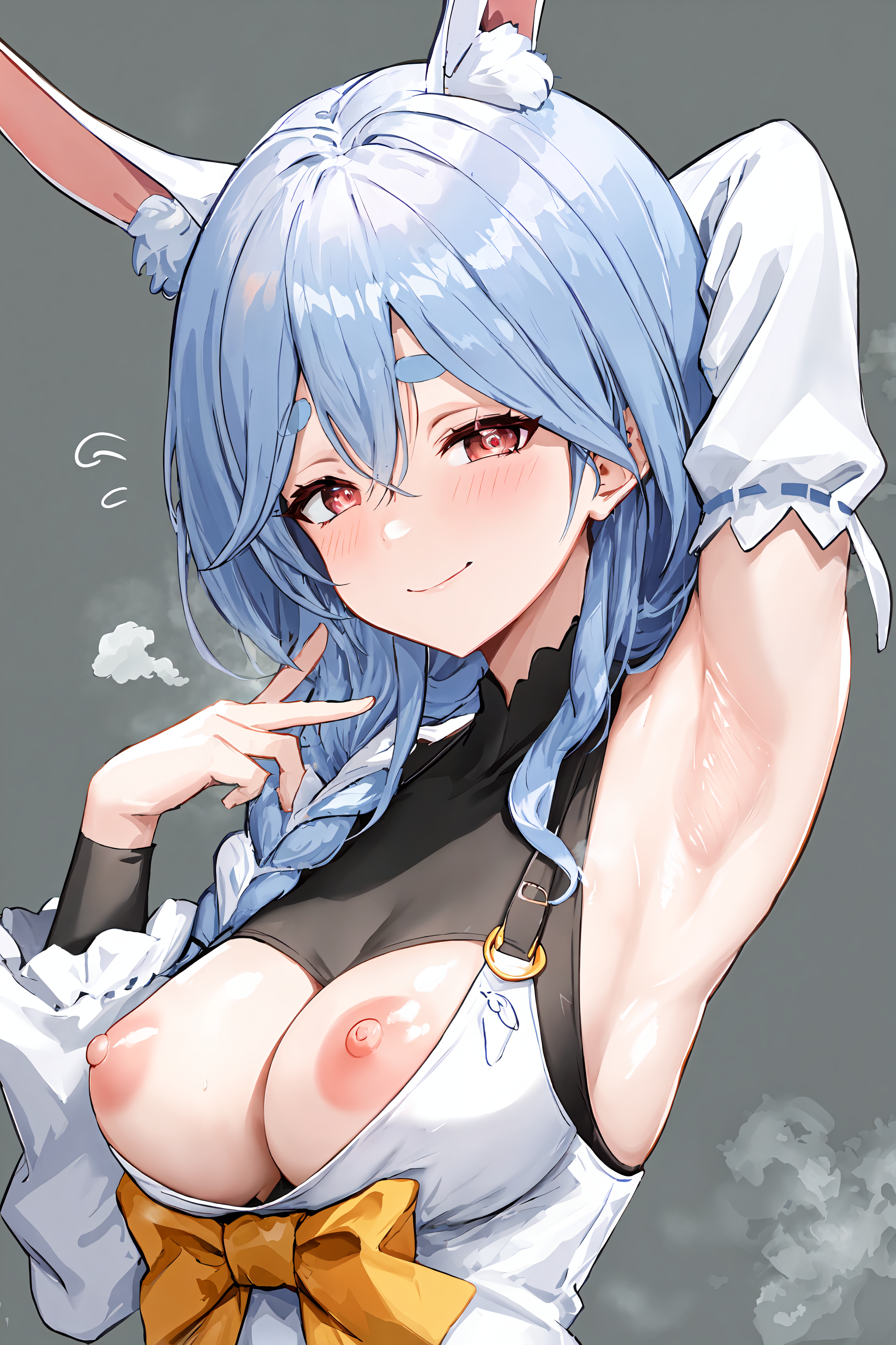 ai generated, animal ear fluff, animal ears, arm behind head, arm up, armpits, bleep, blush, braid, breasts, eyebrows visible through hair, female, hololive, hololive fantasy, hololive japan, large breasts, long hair, looking at viewer, milf, mole, nipples, pekomama, presenting armpit, rabbit ears, rabbit tail, red eyes, simple background, smile, solo, steam, steaming body, upper body, usada pekora, virtual youtuber