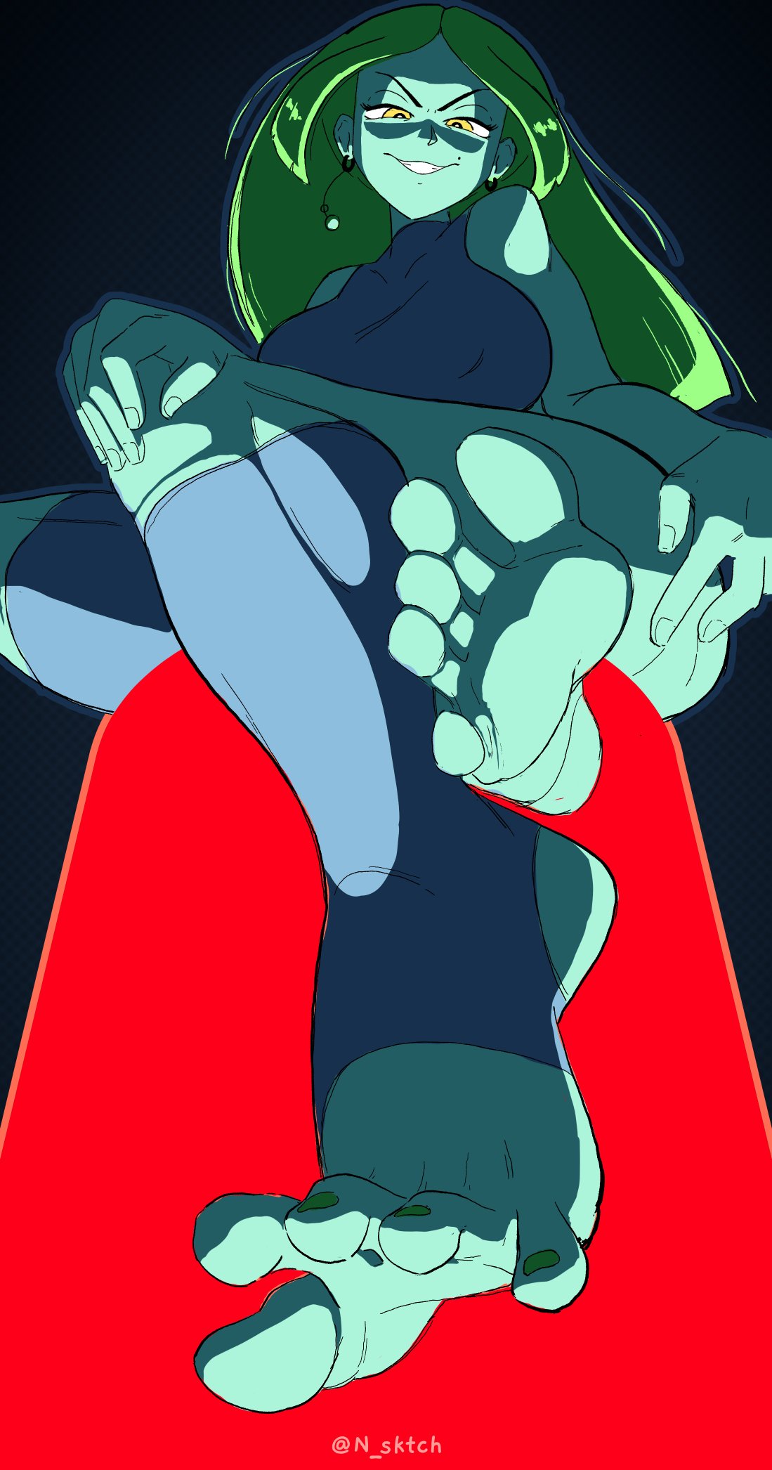 ass barefoot big_ass big_thighs dragon_ball earrings foot_fetish foot_focus genderswap genderswap_(mtf) green_eyes green_skin grin n_sktch nail_polish nipple_bulge original_character partially_clothed pokies rule_63 sitting spread_toes stirrup_legwear yellow_eyes zarbon