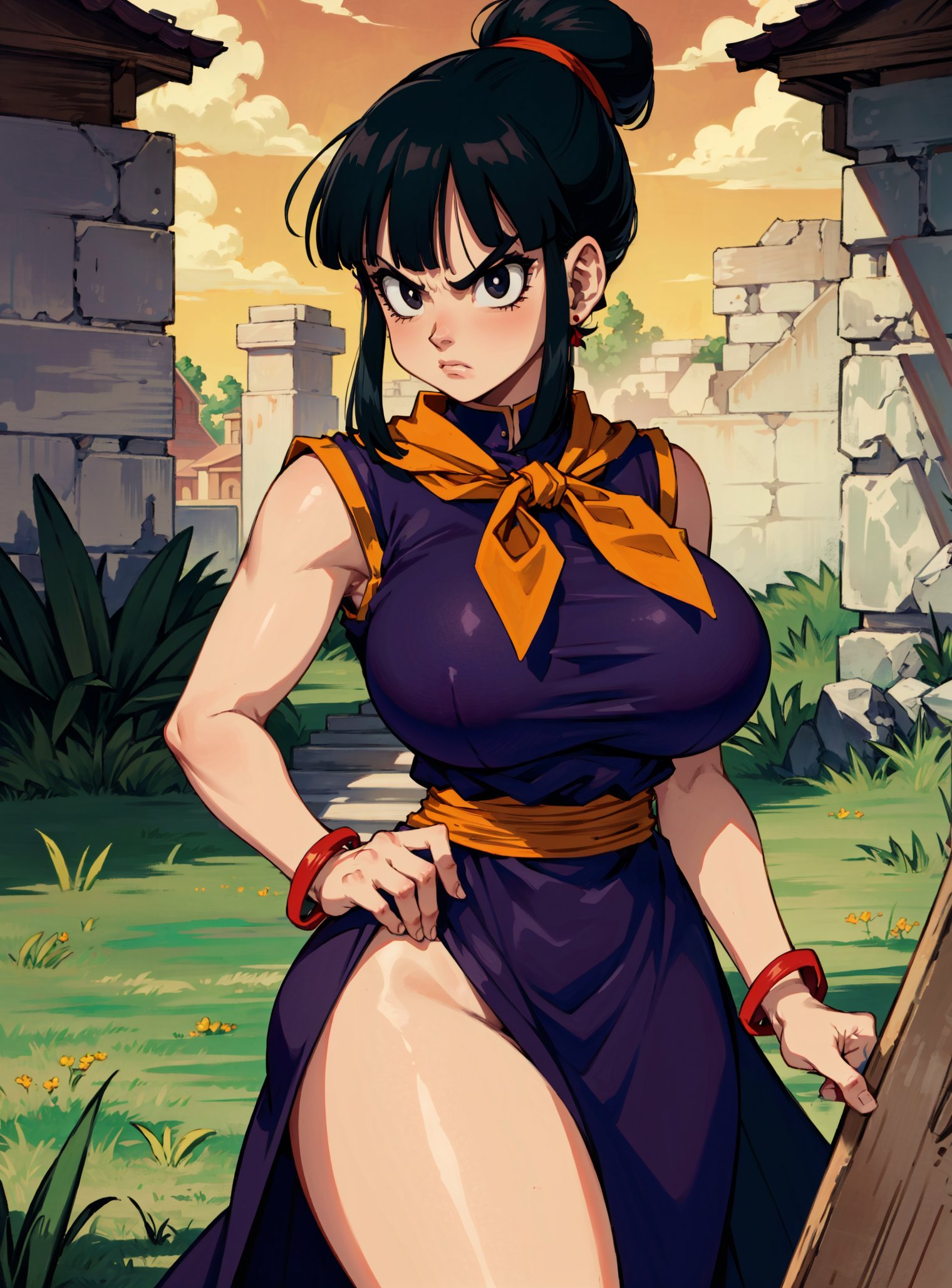 ai generated, chichi, dragon ball, dragon ball z, female, looking at viewer, makimass ai
