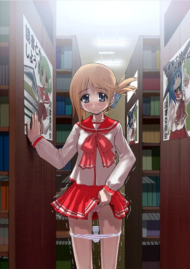 blush book cardigan clothing hat komaki_manaka kurusugawa_serika library multi_(to_heart) panties panty_pull pointy_chin poster poster_(object) public pussy robot_ears school_uniform serafuku shiver skirt skirt_lift to_heart to_heart_(series) to_heart_2 trembling underwear witch_hat