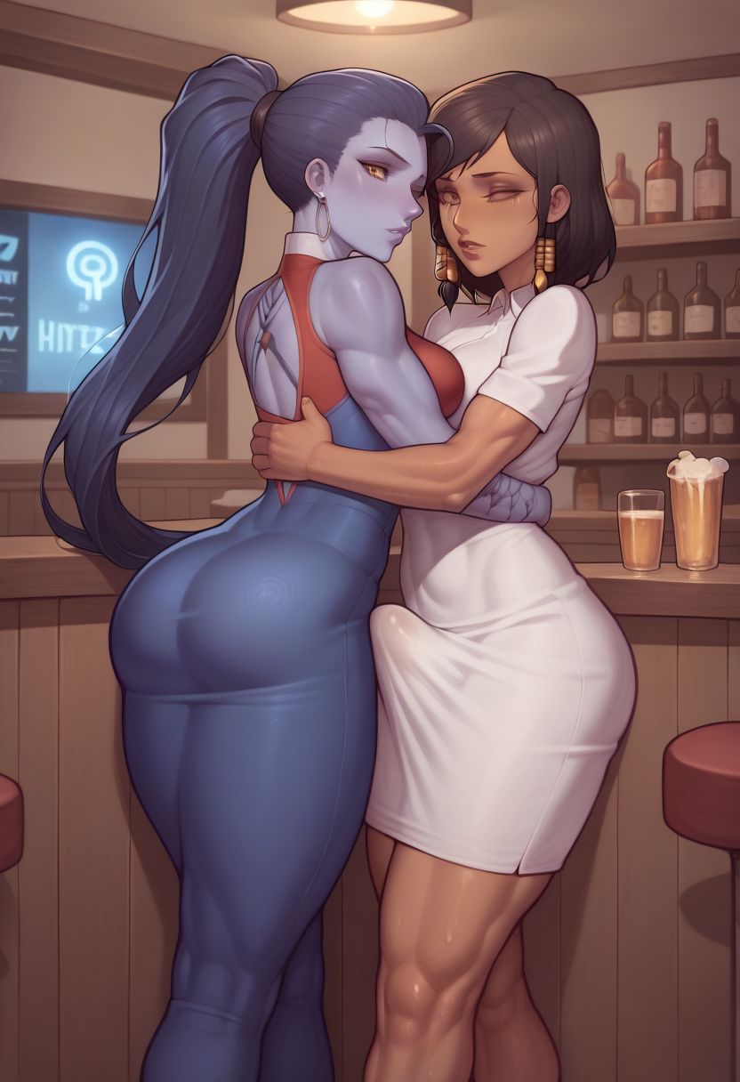 2girls ai_generated asura_(ai_style) desgens dress erection erection_under_clothes futanari overwatch overwatch_2 pharah widowmaker