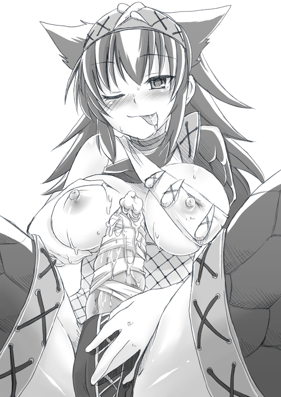 1futa animal_ears bandage bandages breasts capcom cum ejaculation from_below futa_only futa_sans_balls futanari intersex long_hair monochrome monster_hunter nargacuga_(armor) nipples penis pochi_(pochi-goya) pov saliva solo solo_futa spread_legs thighhighs tongue wink