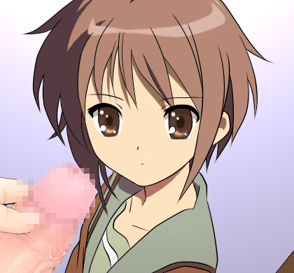 1girls brown_eyes censored gradient_background head_out_of_frame looking_at_viewer lowres nagato_yuki noukyou_gyuunyuu out_of_frame penis school_uniform suzumiya_haruhi_no_yuuutsu