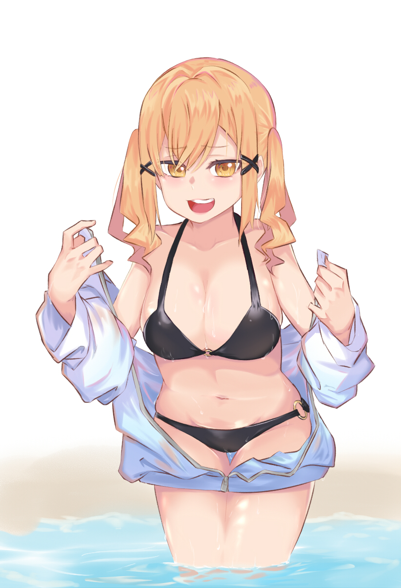 bang_dream! bikini black_bikini blonde_hair blue_jacket blush commentary female hair_ornament highres ichigaya_arisa jacket jokarara legs_together open_mouth sand satin satin_bikini sweat swimsuit teeth tongue twintails unzipped wading water yellow_eyes zipper