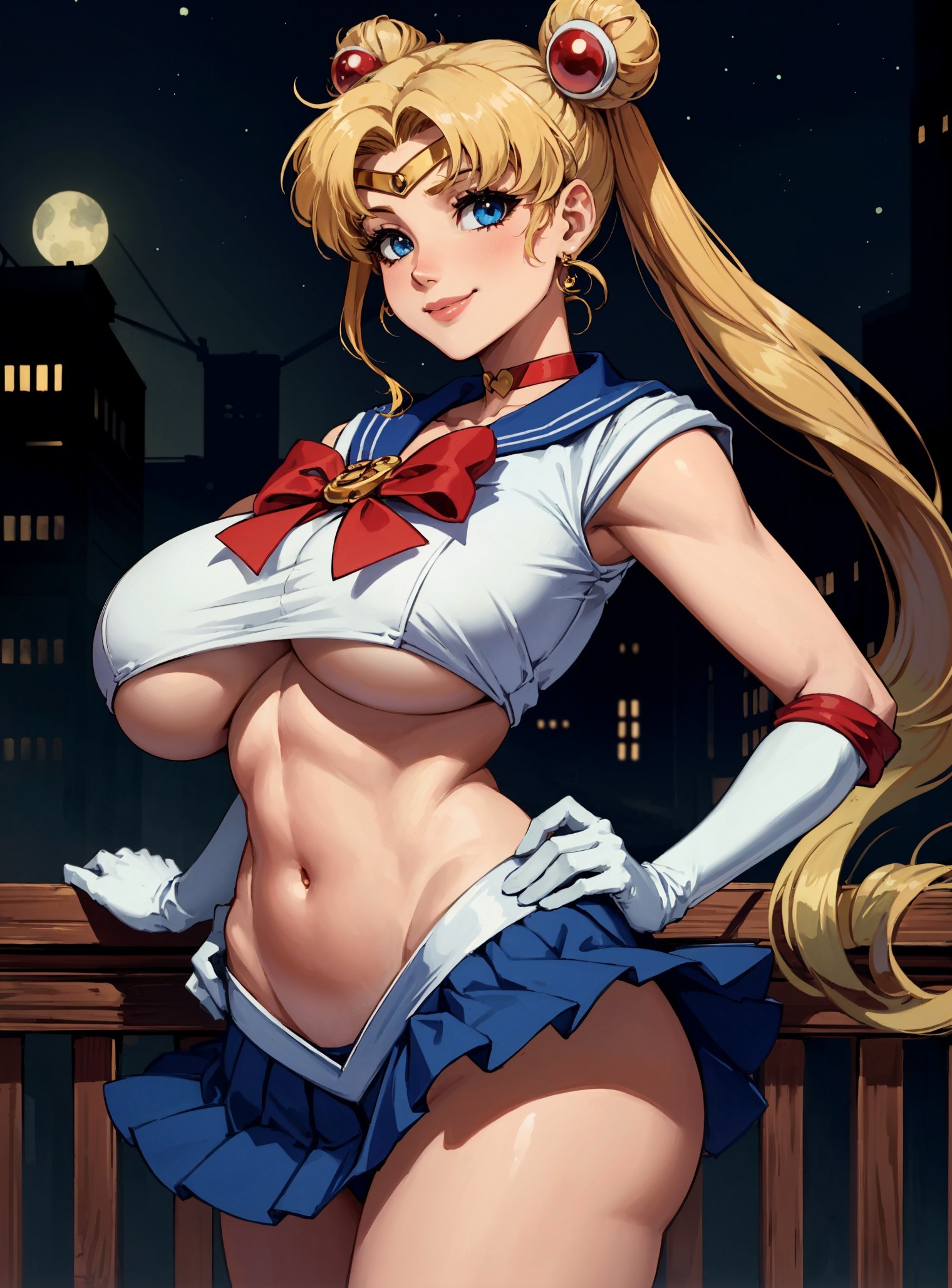 1girls, ai generated, big breasts, bishoujo senshi sailor moon, blonde hair, blue eyes, breasts, clothing, curvy, curvy figure, female, female only, huge breasts, large breasts, long hair, looking at viewer, makimass ai, navel, sailor moon, skirt, solo, twintails, underboob, usagi tsukino, voluptuous, voluptuous female