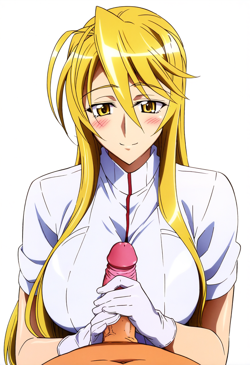 1boy 1girls ai_generated big_breasts big_breasts blonde_hair blush breasts breasts clothed_female_nude_male cute gloved_handjob gloves handjob highschool_of_the_dead huge_breasts light-skinned_female light-skinned_male long_hair loose_hair nurse school_nurse shizuka_marikawa slight_smile smile straight white_background yellow_eyes