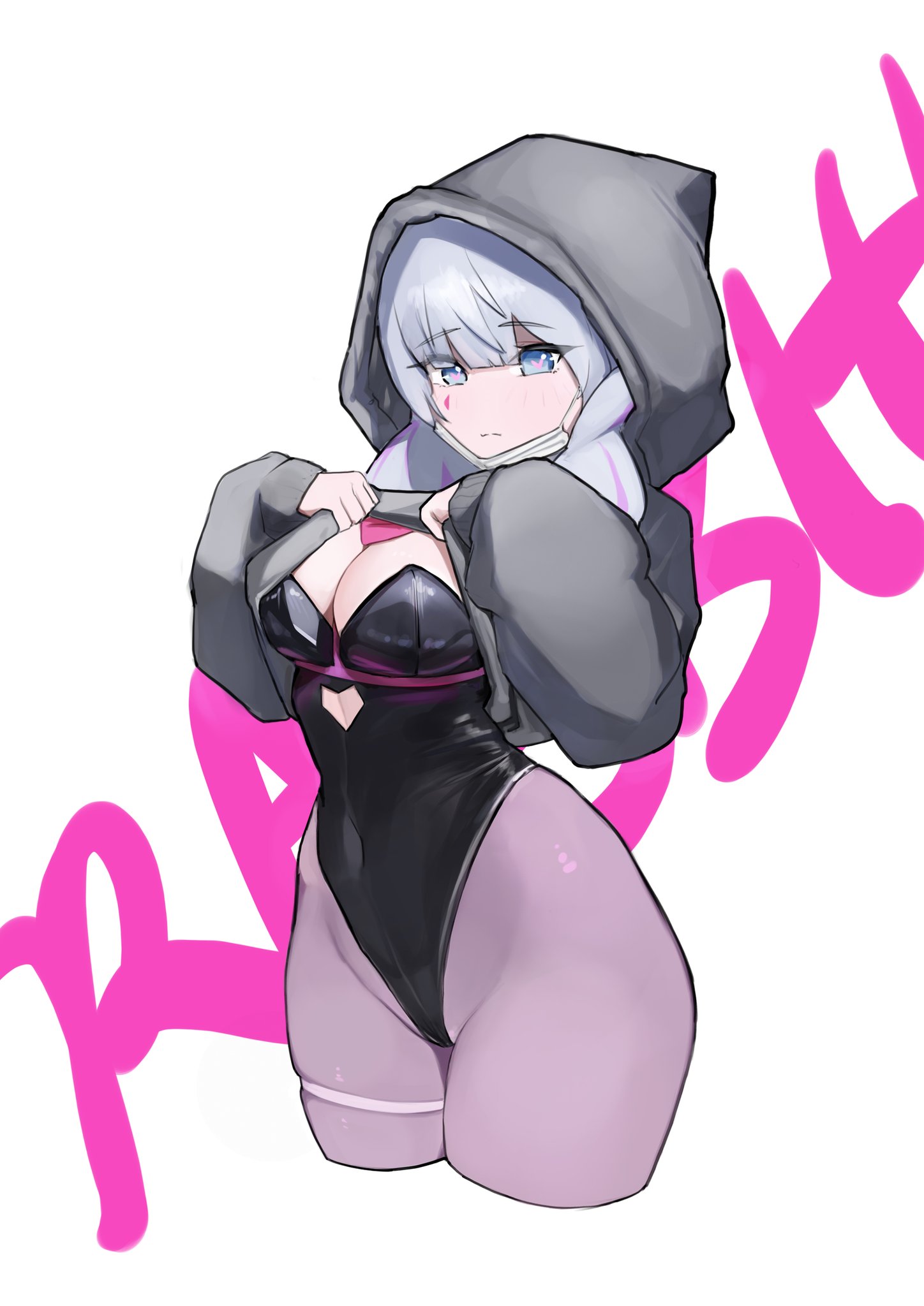 1girl, bangs, black hood, black hoodie, black leotard, blue eyes, braid, breasts, bunny girl, bunnysuit, cleavage, clothes lift, covered navel, cropped legs, cyan hair, grey hair, grey pantyhose, hatsune miku, heart, heart-shaped pupils, highleg, hood, hood up, hoodie, hoodie lift, leotard, lifted by self, long hair, long sleeves, looking at viewer, mask, medium breasts, mouth mask, pantyhose, pink eyes, pink hair, pink text, playboy bunny, purple hair, rabbit hole (vocaloid), solo, symbol-shaped pupils, text, thigh belt, thigh strap, tights, twin braids, vocaloid, white background