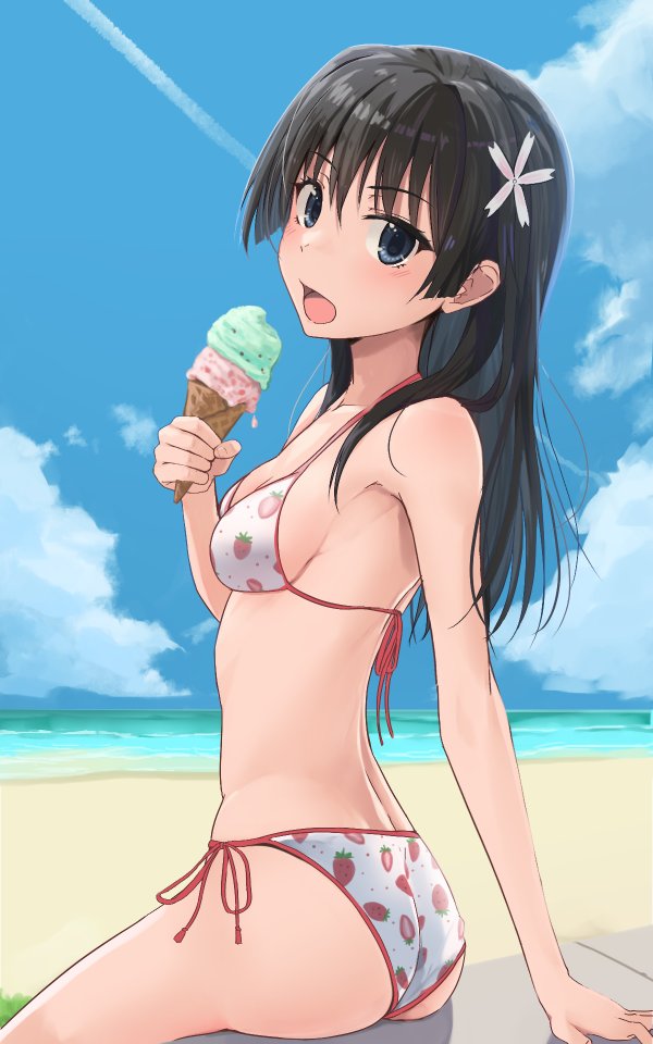 1girls 2024 ass beach bikini black_hair blue_eyes breasts clouds eyebrows eyebrows_visible_through_hair ice_cream k3rd long_hair outdoors saten_ruiko sideboob small_breasts solo solo_female solo_focus swimsuit to_aru_kagaku_no_railgun to_aru_majutsu_no_index