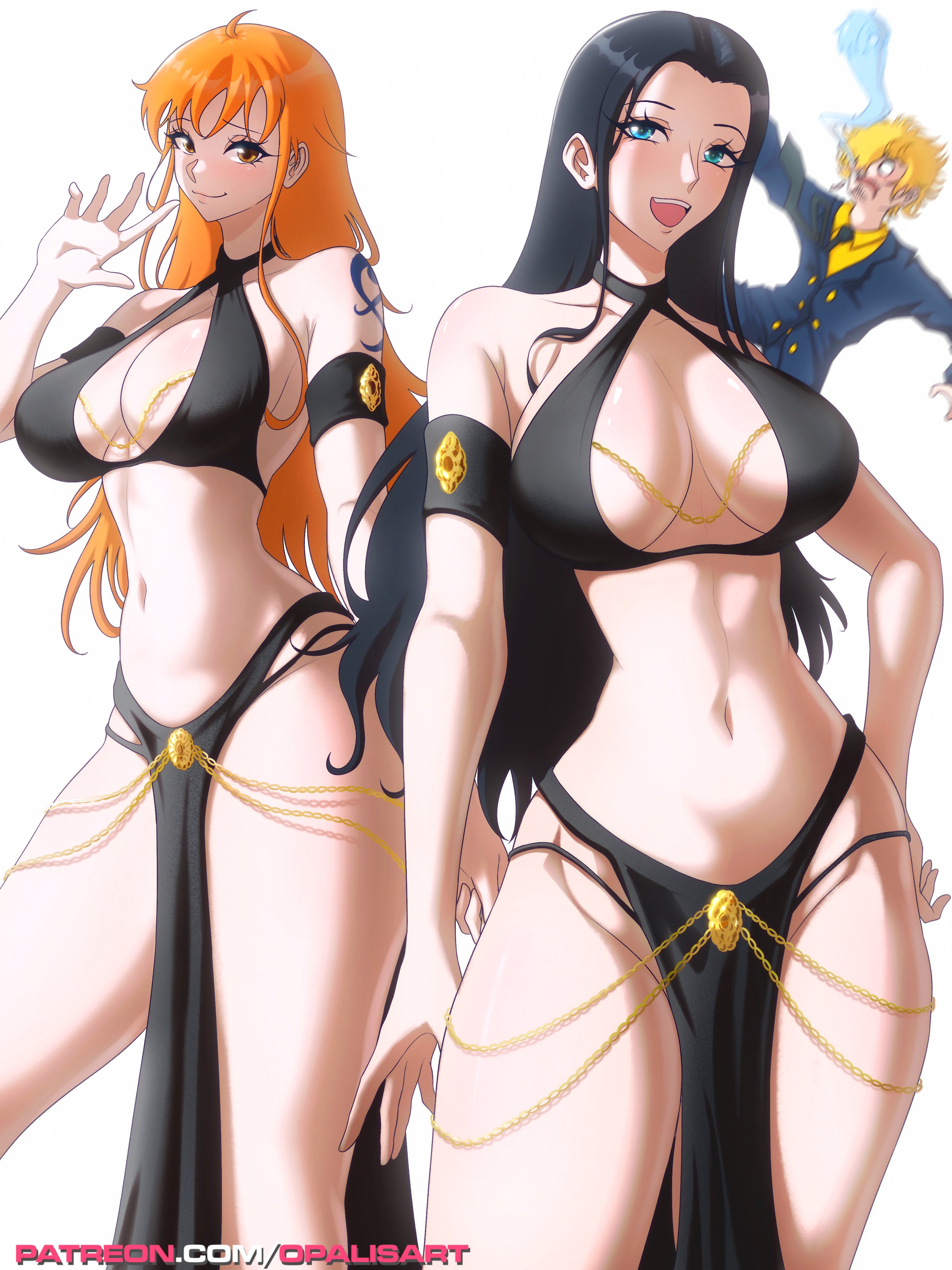 1boy, 2girls, arm tattoo, bare legs, bare shoulders, bare thighs, big breasts, black hair, black-haired female, blonde hair, blonde-haired male, blue eyes, blue tattoo, blush, breasts, color, dress, female, harem outfit, hi res, inner sideboob, large breasts, light skin, light-skinned female, long hair, looking at viewer, male, male/female, nami (one piece), nico robin, nosebleed, one piece, opalisart, orange eyes, orange hair, orange-haired female, pelvic line, post-timeskip, short hair, shounen jump, tagme, tattoo, thick thighs, vinsmoke sanji, yomorio lingerie