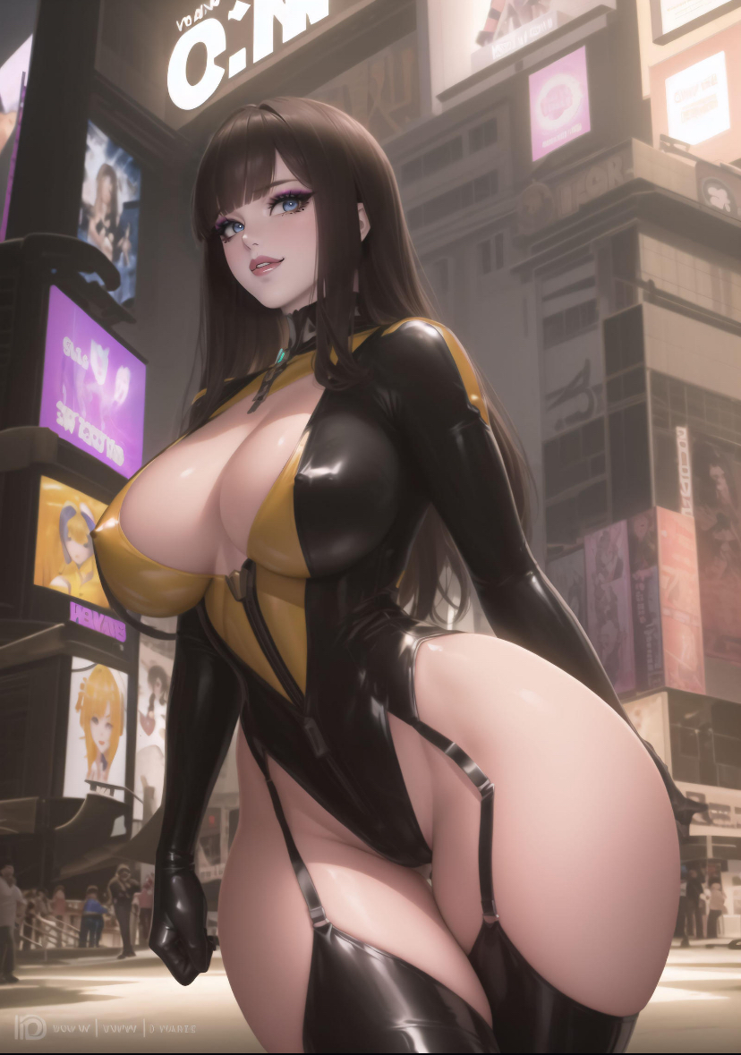 ai_generated blue_eyes blue_eyes_female brown_hair brown_hair_female cleavage eyelashes latex latex_clothing latex_gloves latex_suit latex_thighhighs milf purple_eyeshadow silk_spectre thick thick_ass thick_body thick_breasts thick_thighs thighs watchmen watchmen_(2009) xftriber