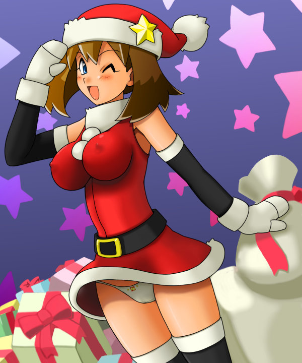 1girls alternate_breast_size alternate_headwear alternate_outfit belt big_breasts blue_eyes blush breasts brown_hair cameltoe christmas clothing erect_nipples erect_nipples_under_clothes female female_only hat human human_only large_breasts may_(pokemon) nintendo nipples open_mouth panties pokemon pokemon_rse santa_costume santa_hat skin_tight smile solo stocking_cap straight_hair tchonpo thighhighs tsumitani_daisuke underwear