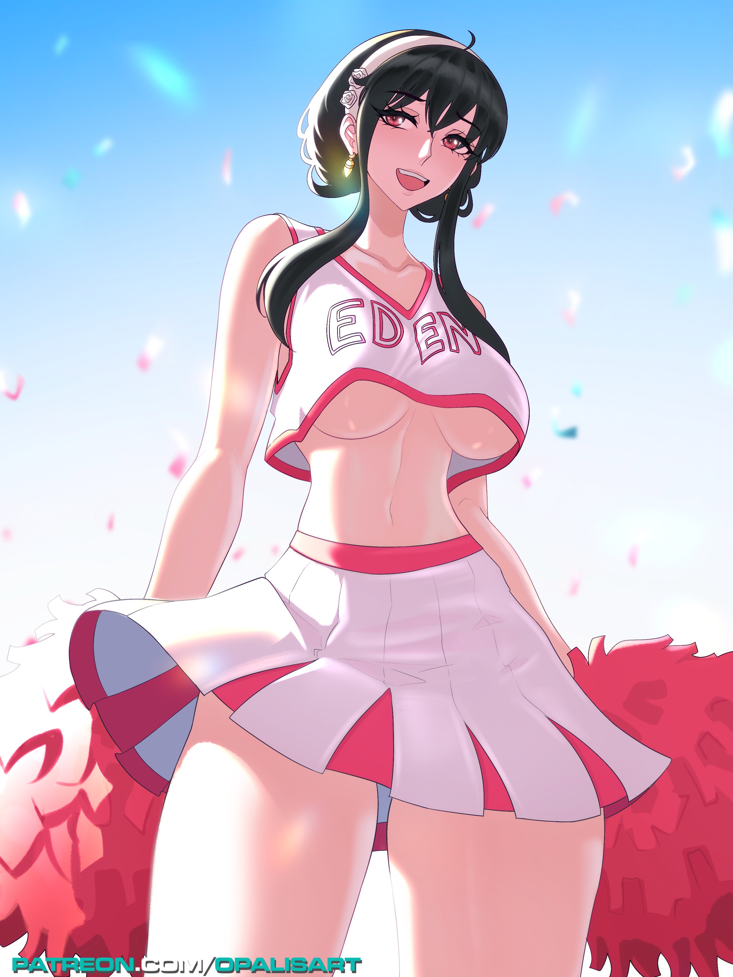 1girls, bare arms, bare legs, bare shoulders, bare thighs, big breasts, black hair, blush, breasts, cheerleader, cheerleader outfit, cheerleader uniform, clothed, clothing, color, crop top, female, female focus, female only, hi res, large breasts, light skin, light-skinned female, long hair, looking at viewer, no bra, opalisart, pom poms, red eyes, skirt, solo, solo female, spy x family, tagme, thick thighs, underboob, yor briar, yor forger
