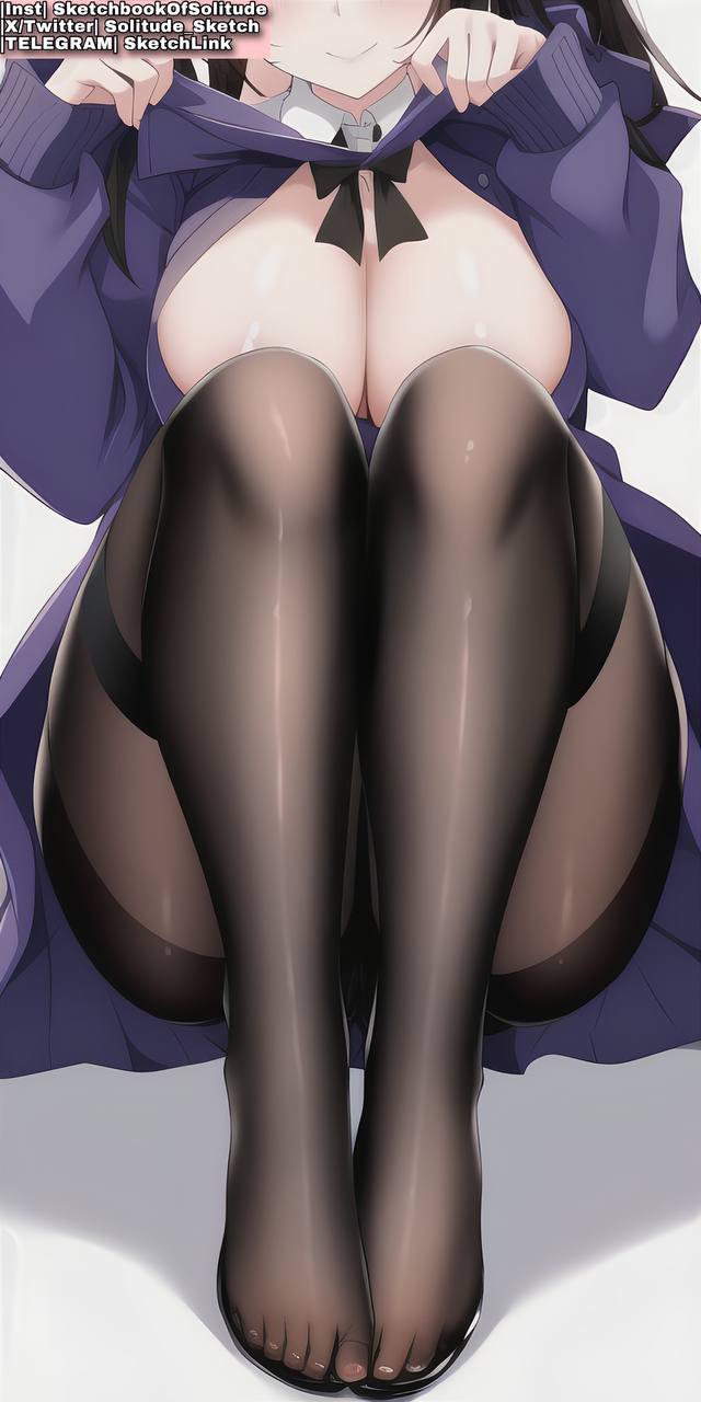 1girls ai_generated ai_hands anime anime_style big_breasts black_bow black_tights bow breasts dress female female_only foot_fetish large_breasts legs only_female purple_dress soli_sketch solo tights