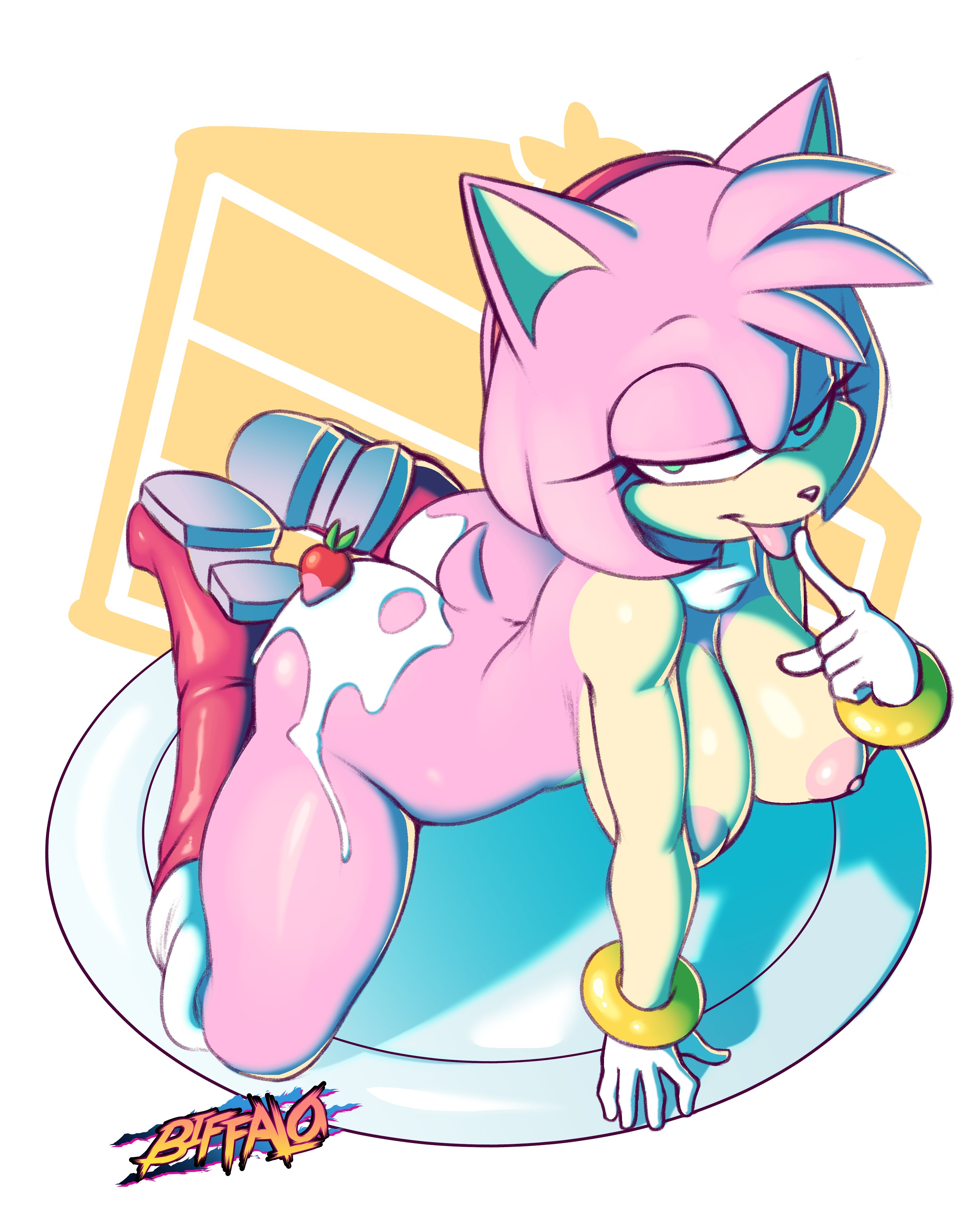 1girls, amy rose, anthro, ass, biffalo, breasts, female, finger on tongue, green eyes, hedgehog, looking at viewer, mobian (species), on knees, pink fur, pink hair, rodent, sonic (series), strawberry, tongue, tongue out