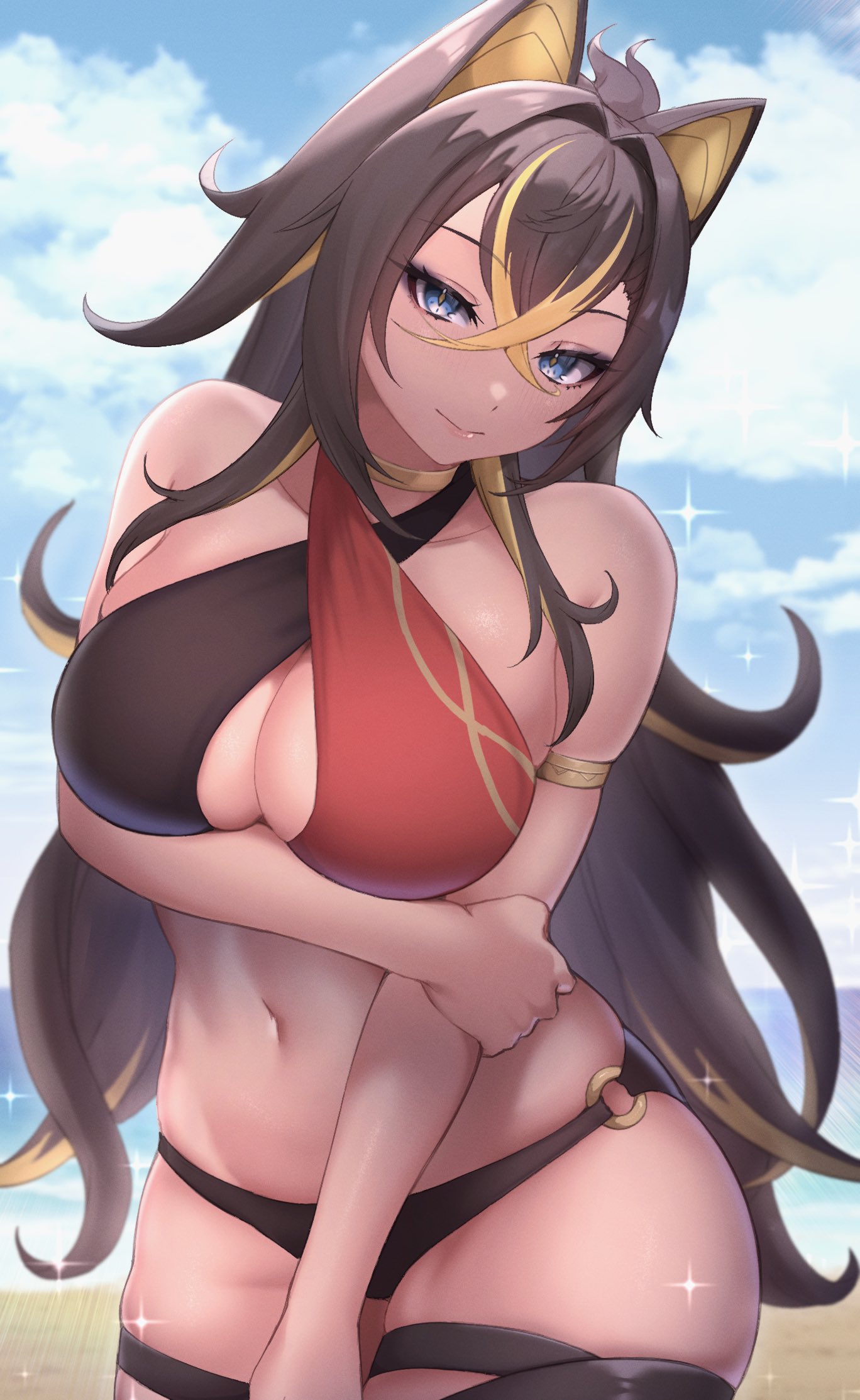 1girls, animal ears, beach, big breasts, bikini, black hair, blue eyes, breasts, clouds, dark skin, dark-skinned female, day, dehya (genshin impact), female, female focus, female only, front view, genshin impact, highres, hourglass figure, hoyoverse, long hair, looking at viewer, mature, mature female, ocean, sky, smiling, smiling at viewer, solo, solo female, standing, summer, swimsuit, thong, thong bikini, two-tone hair, voluptuous, voluptuous female, yellow hair