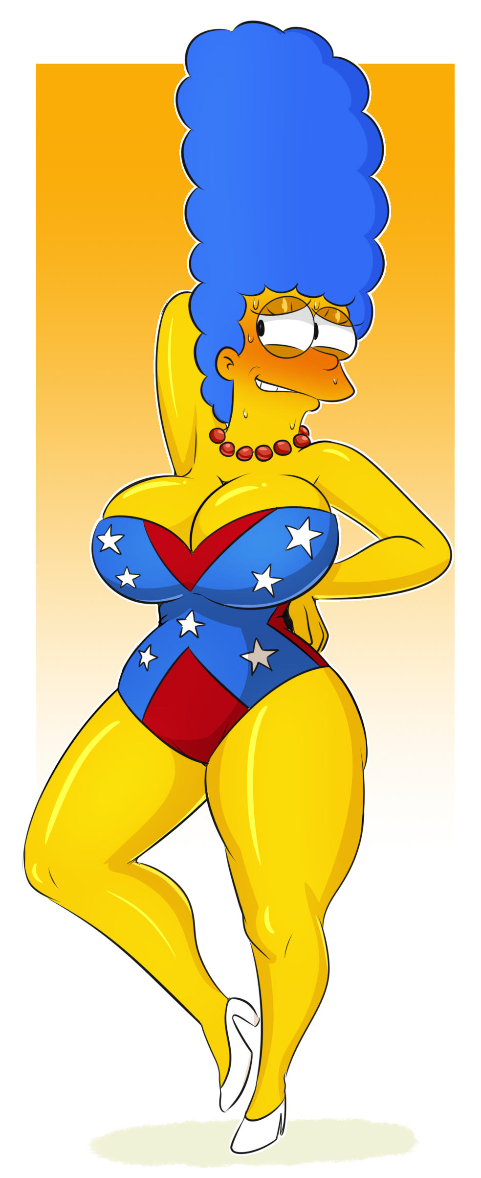 arm_behind_head big_ass big_breasts blue_hair blush confederate_flag gradient_background large_ass large_breasts marge_simpson mature_female milf necklace spakka5 sweat sweatdrop sweating the_simpsons thick_thighs white_background wide_hips yellow_background yellow_body